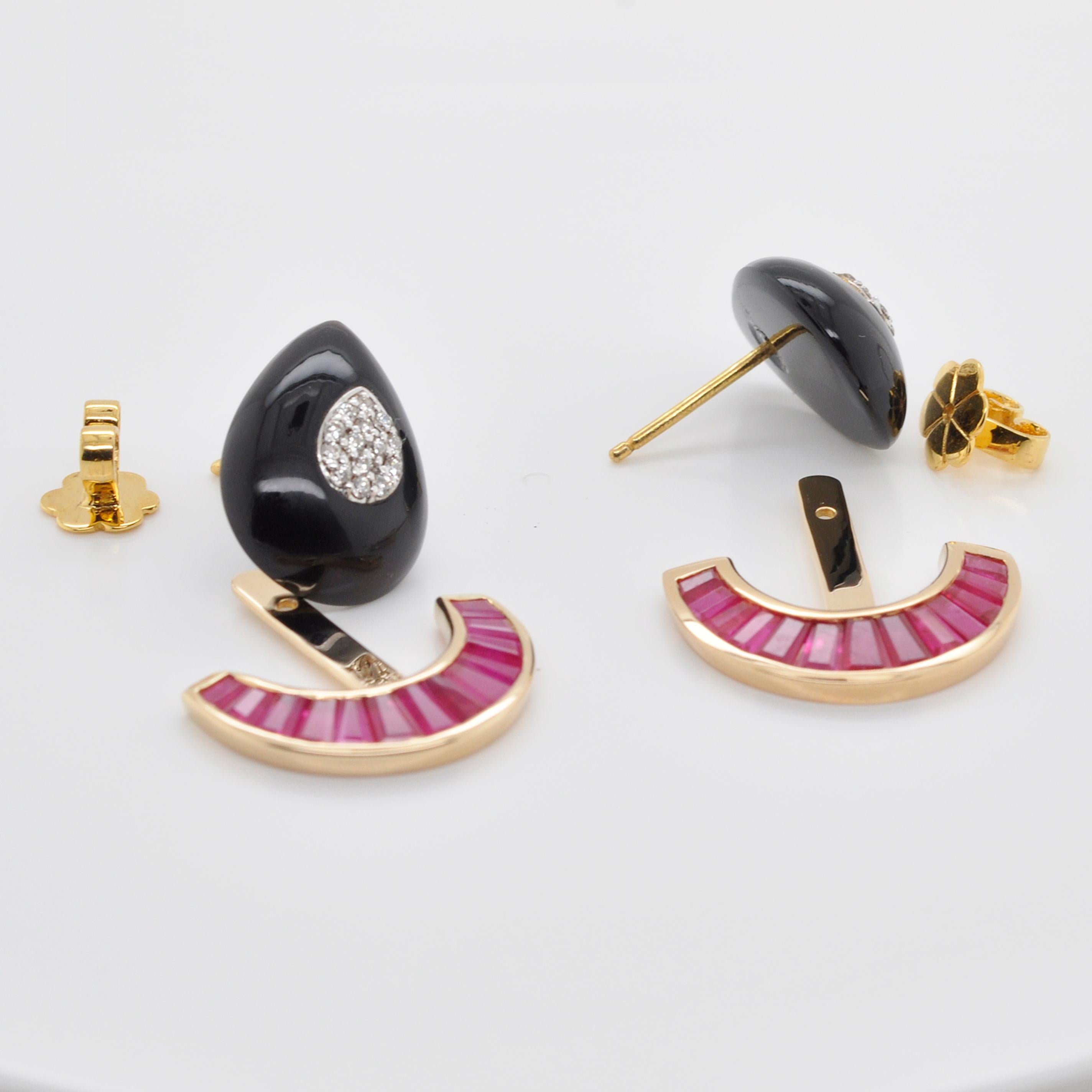 Tapered Baguette Custom-Cut Ruby Baguette Onyx Diamond 18 Karat Gold Art-Deco Style Fan Earrings For Sale