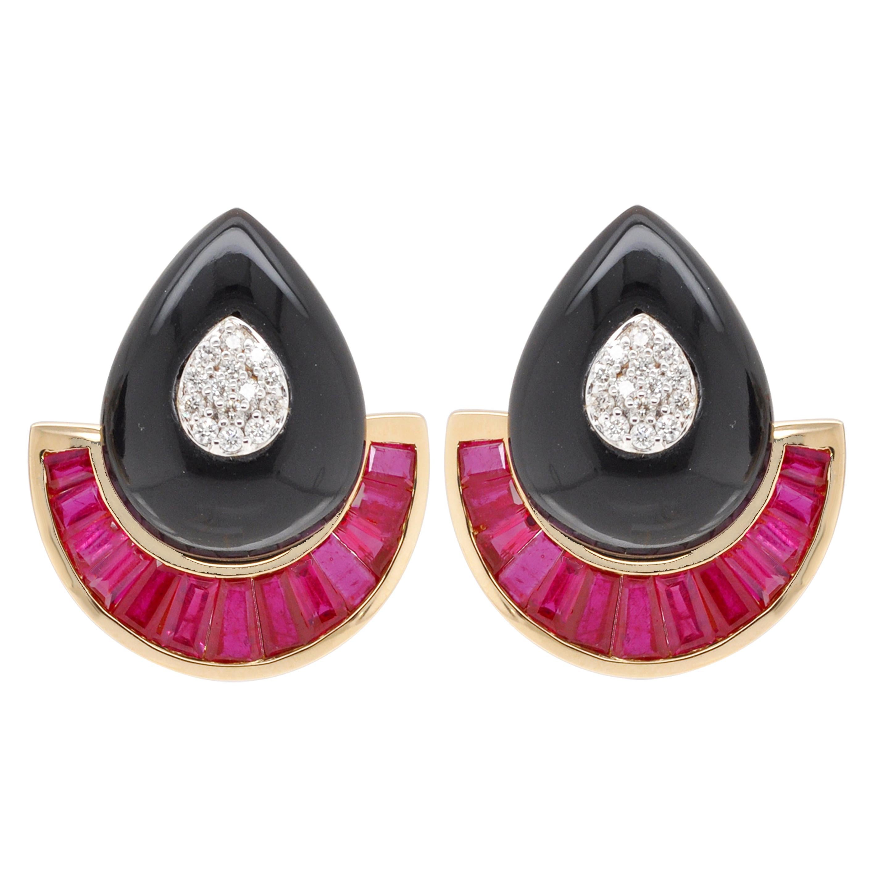 Boucles d'oreilles éventail de style Art déco en or 18 carats avec rubis, onyx baguette et diamants, taillés sur-mesure