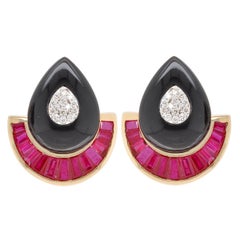 Custom-Cut Ruby Baguette Onyx Diamond 18 Karat Gold Art-Deco Style Fan Earrings