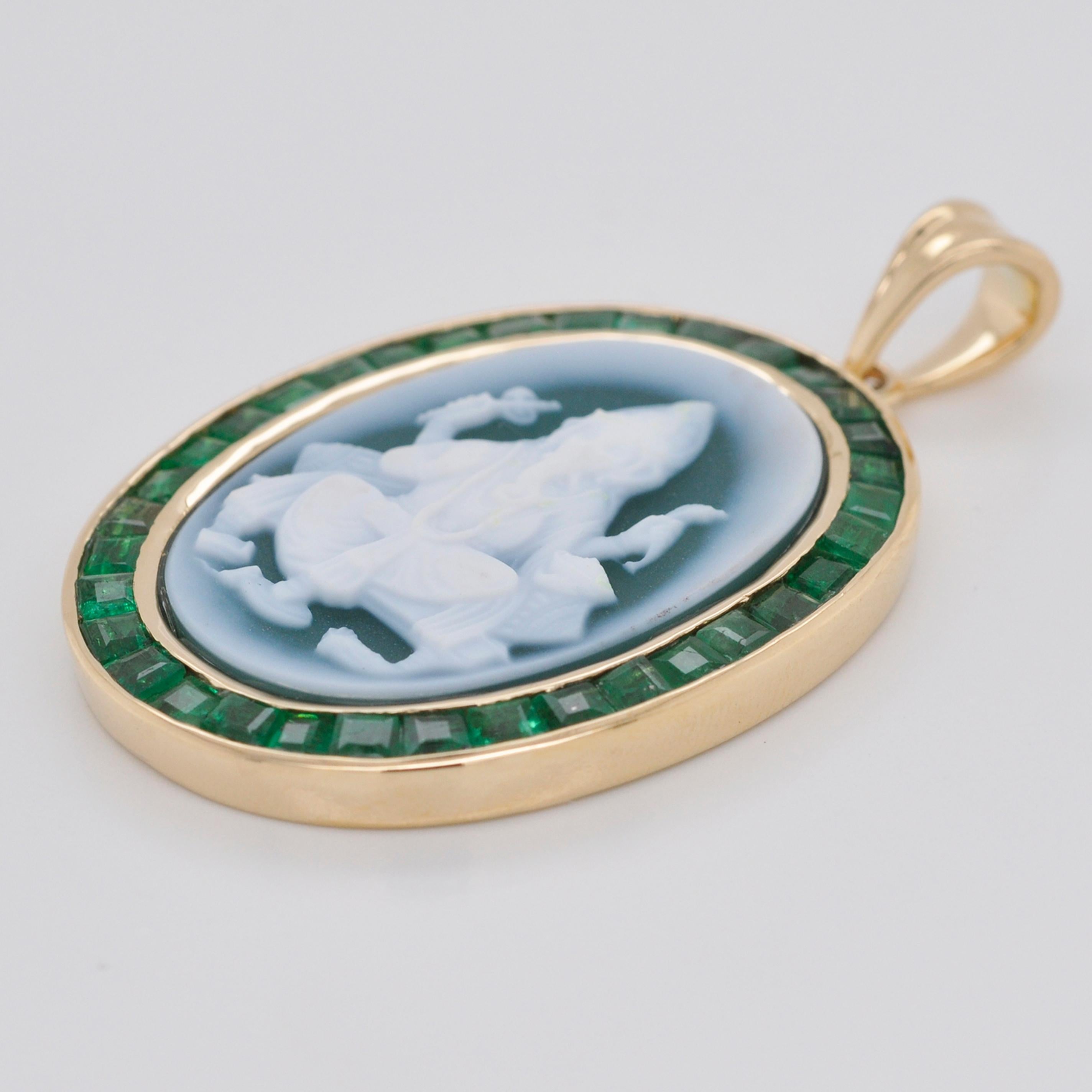 Baguette Cut 18 Karat Gold Caliber-Cut Emerald Ganesha Cameo Contemporary Pendant Necklace For Sale