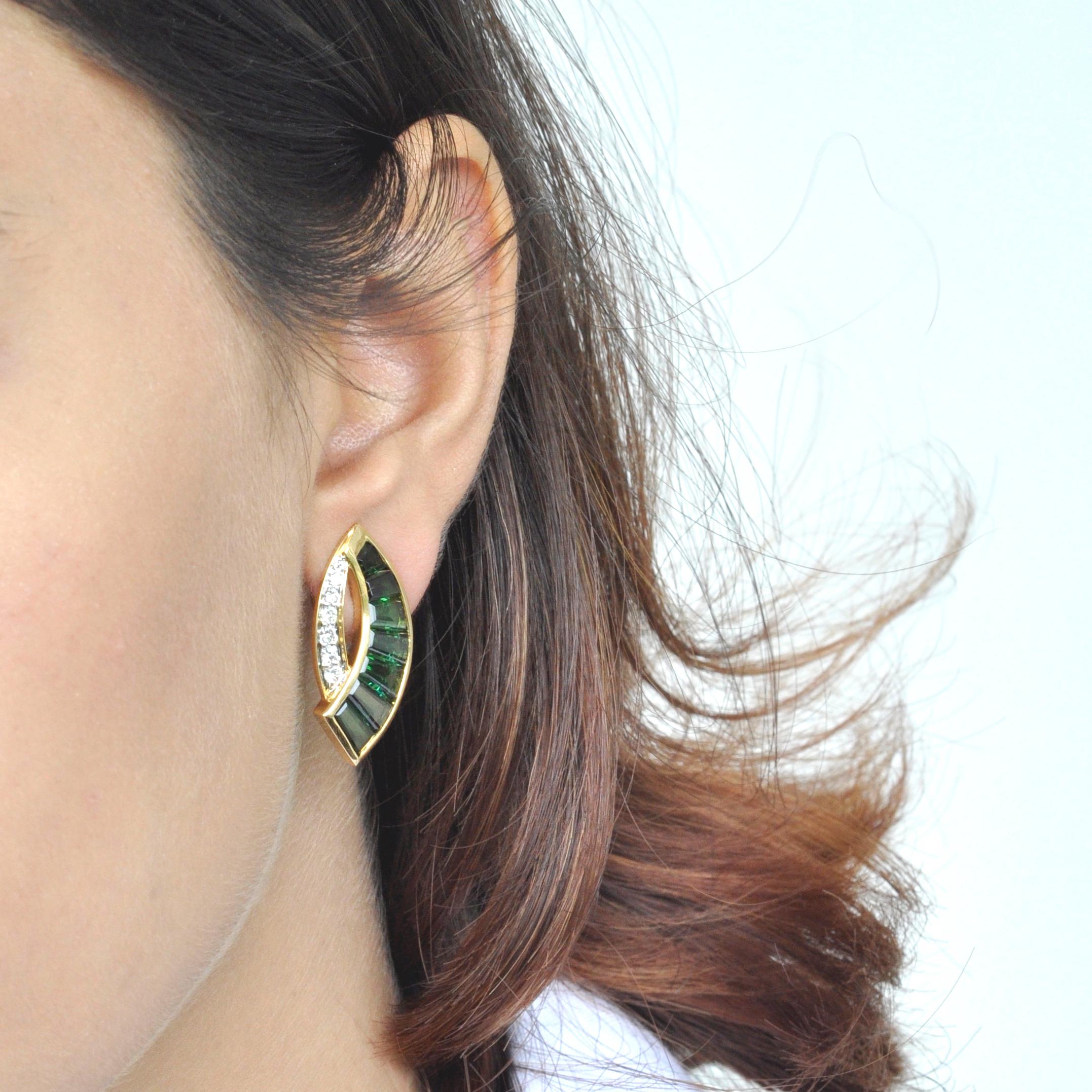 Women's 18 Karat Gold Caliber Cut Teal Green Tourmaline Baguette Diamond Stud Earrings For Sale