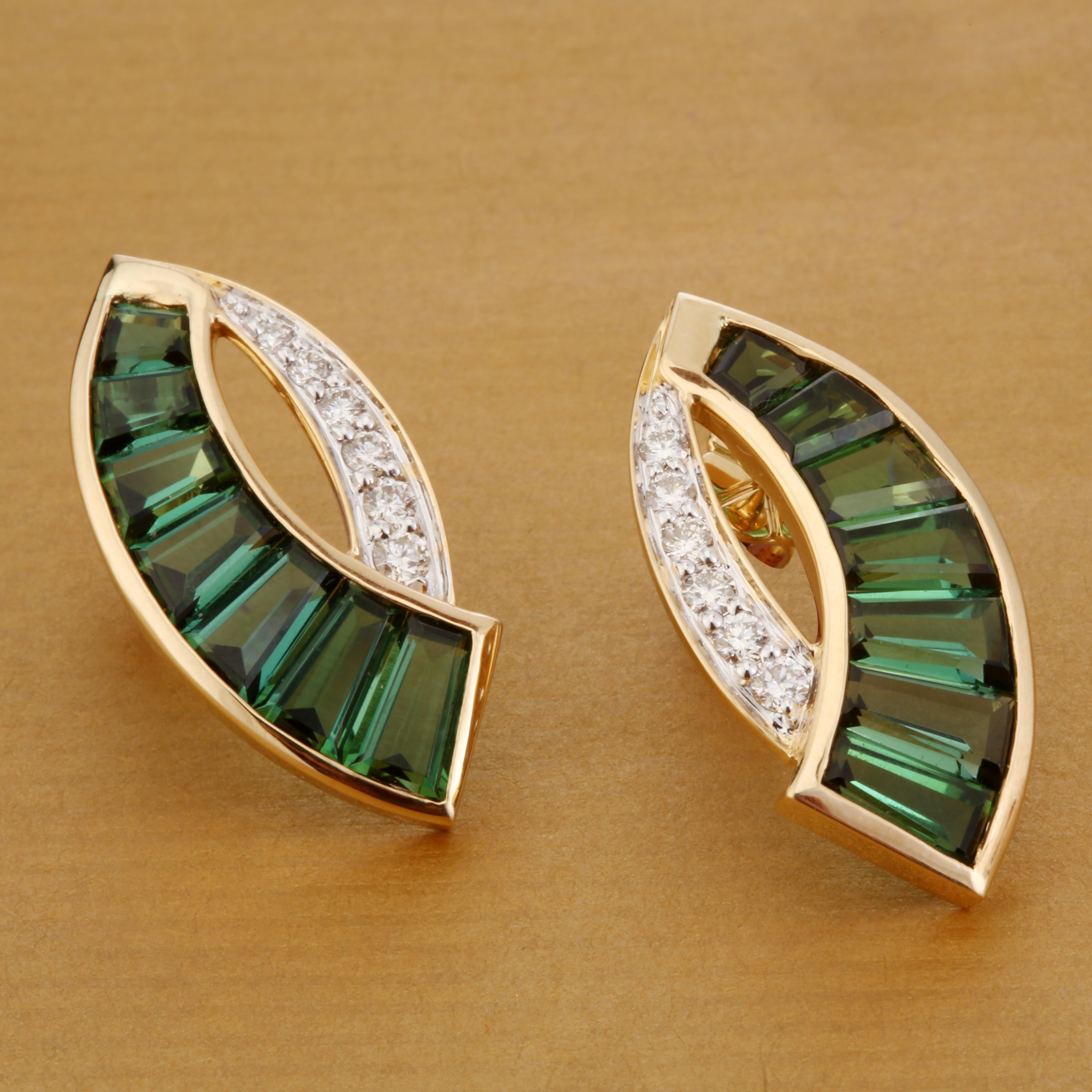 Tapered Baguette 18 Karat Gold Caliber Cut Teal Green Tourmaline Baguette Diamond Stud Earrings For Sale