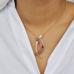 18 Karat Gold Caliber Cut Pink Tourmaline Taper Baguette Diamond Brooch Pendant