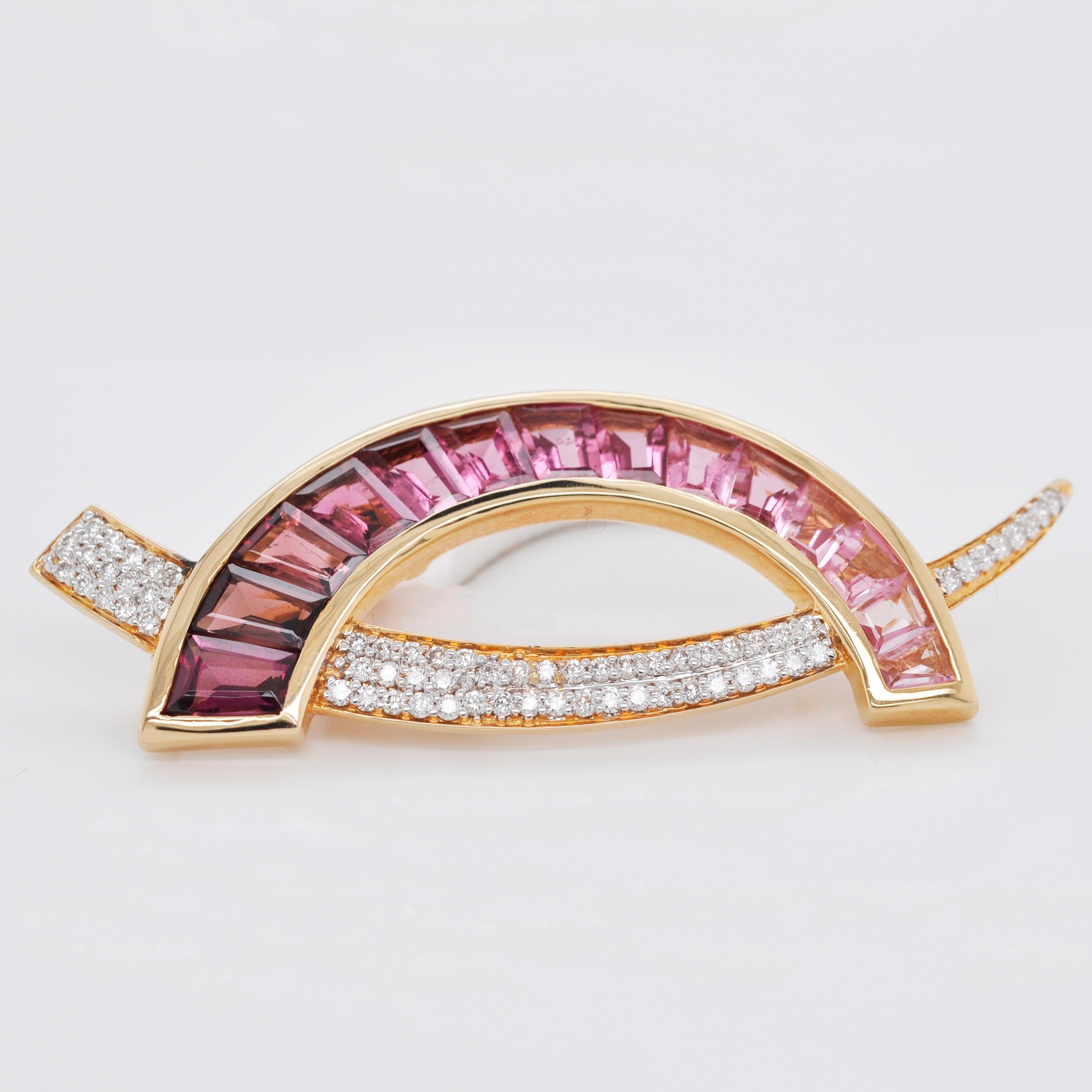 Baguette Cut 18 Karat Gold Caliber Cut Pink Tourmaline Taper Baguette Diamond Brooch Pendant 