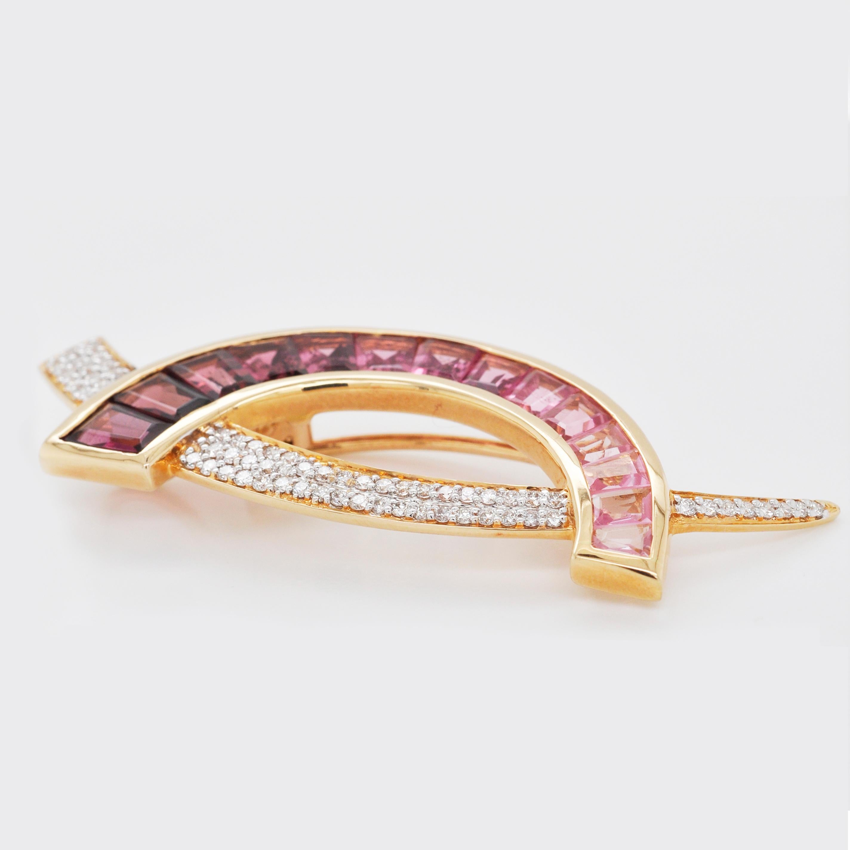 Women's or Men's 18 Karat Gold Caliber Cut Pink Tourmaline Taper Baguette Diamond Brooch Pendant 
