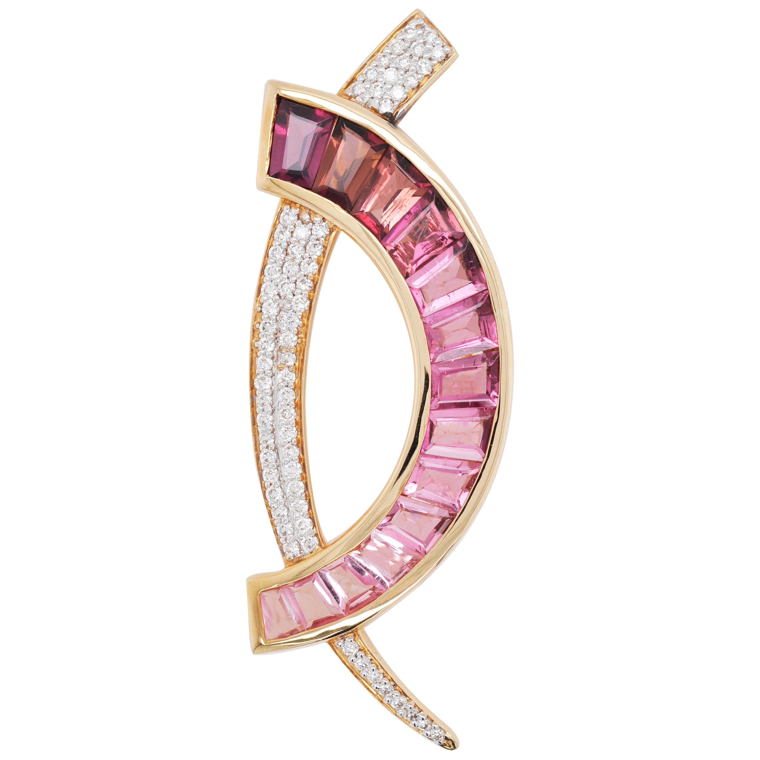 18 Karat Gold Caliber Cut Pink Tourmaline Taper Baguette Diamond Brooch Pendant 