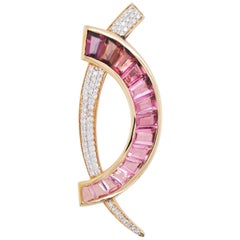 18 Karat Gold Caliber Cut Pink Tourmaline Taper Baguette Diamond Brooch Pendant