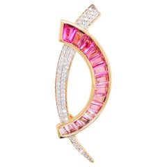 18 Karat Gold Caliber Cut Pink Tourmaline Taper Baguette Diamond Brooch Pendant