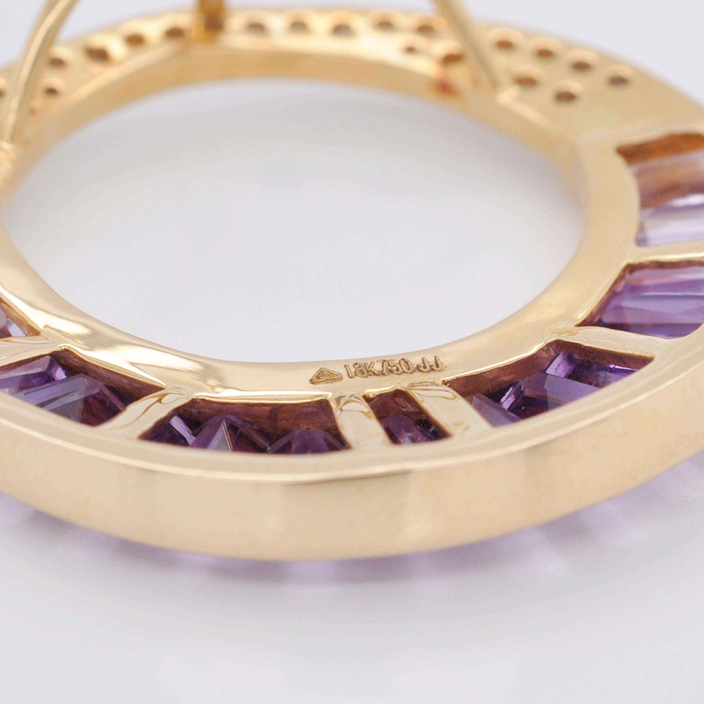 Collier pendentif broche en or 18 carats avec améthyste taille calibre et diamants baguettes en vente 4