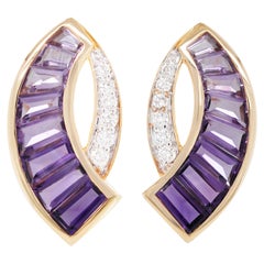 18 Karat Gold Taper Baguette Channel Set Amethyst Diamond Contemporary Ear-Clips