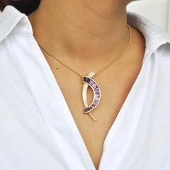 18 Karat Gold Calibre Cut Amethyst Baguette Diamond Contemporary Brooch Necklace