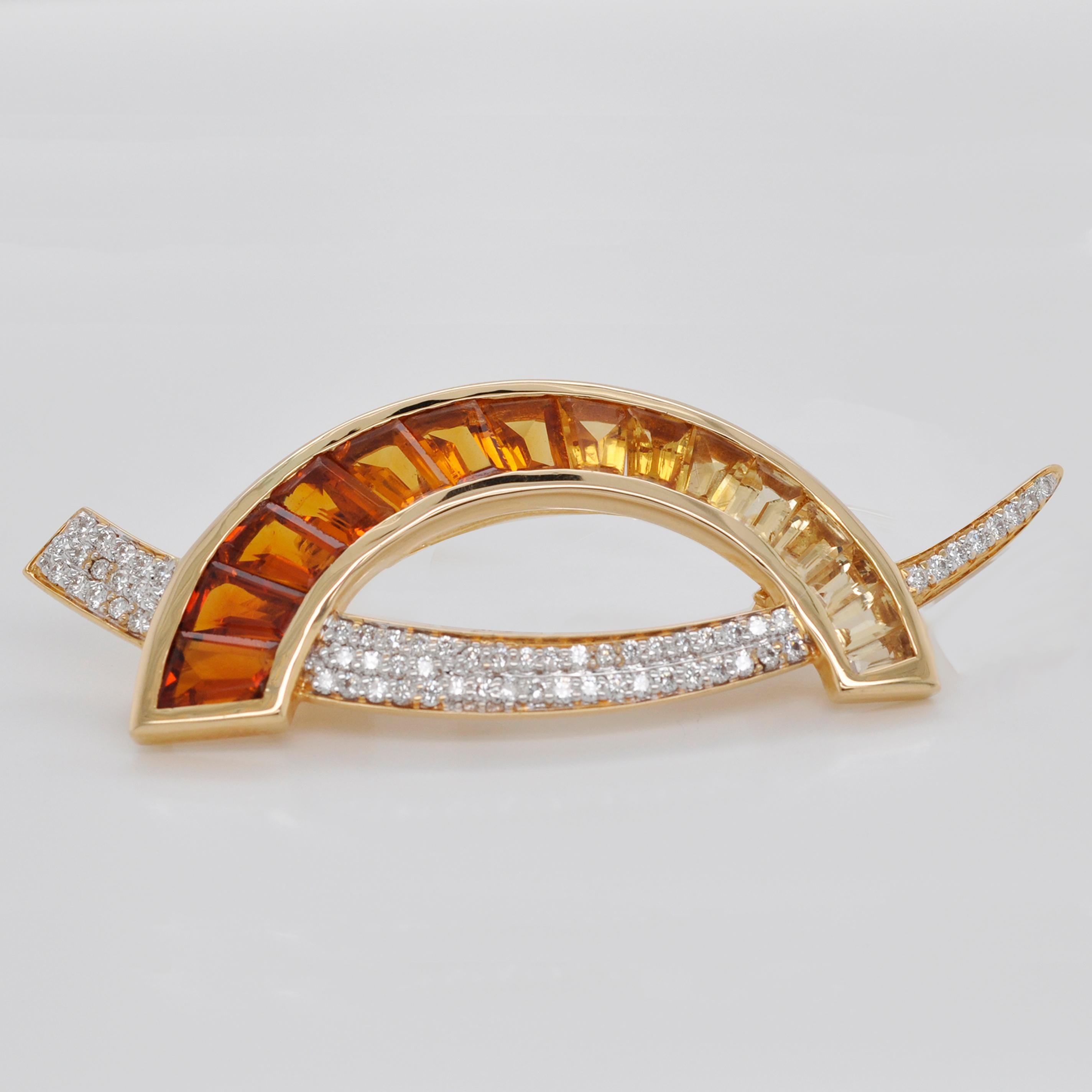 Contemporary 18 Karat Gold Custom Cut Citrine Taper Baguette Diamond Brooch Pendant Necklace