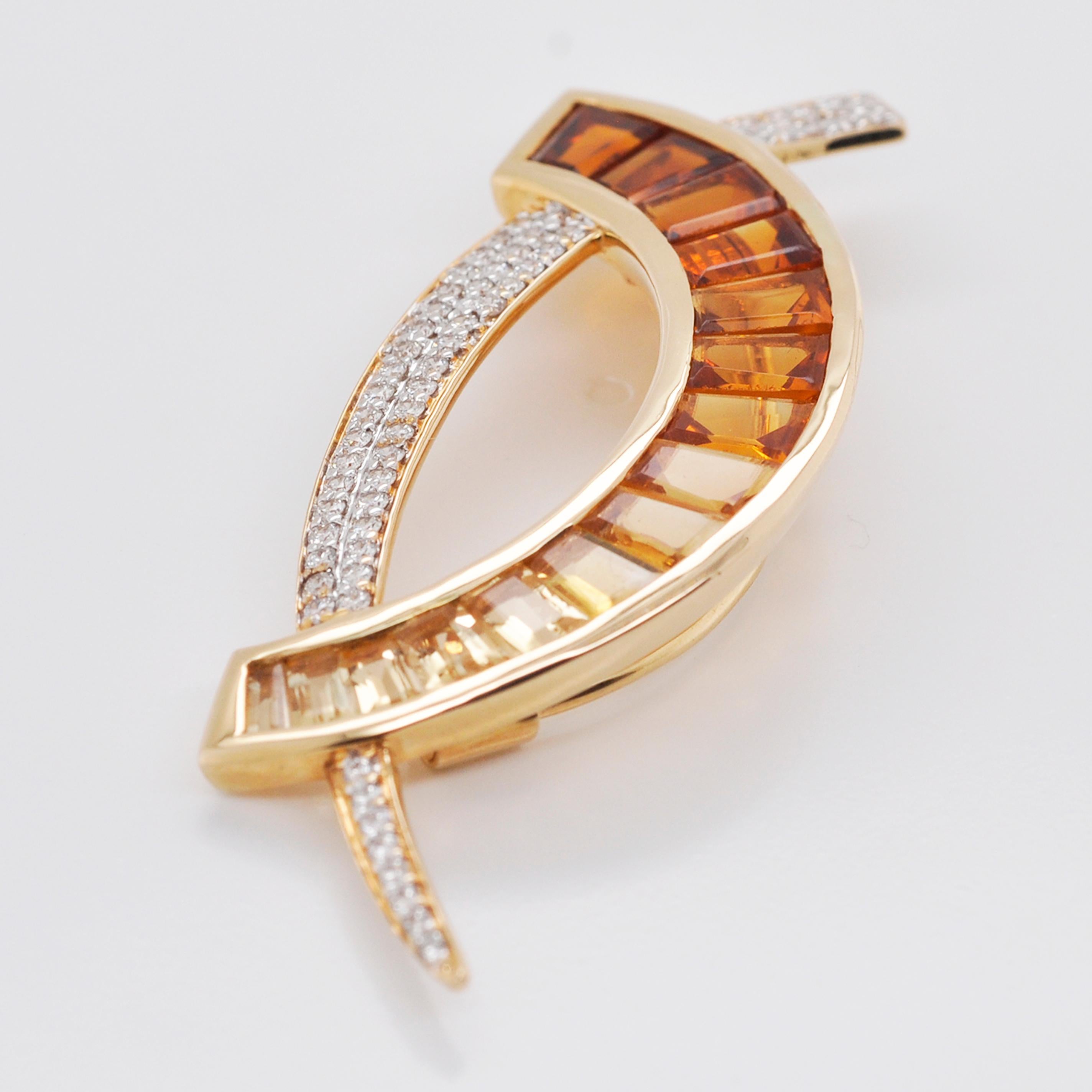 Tapered Baguette 18 Karat Gold Custom Cut Citrine Taper Baguette Diamond Brooch Pendant Necklace