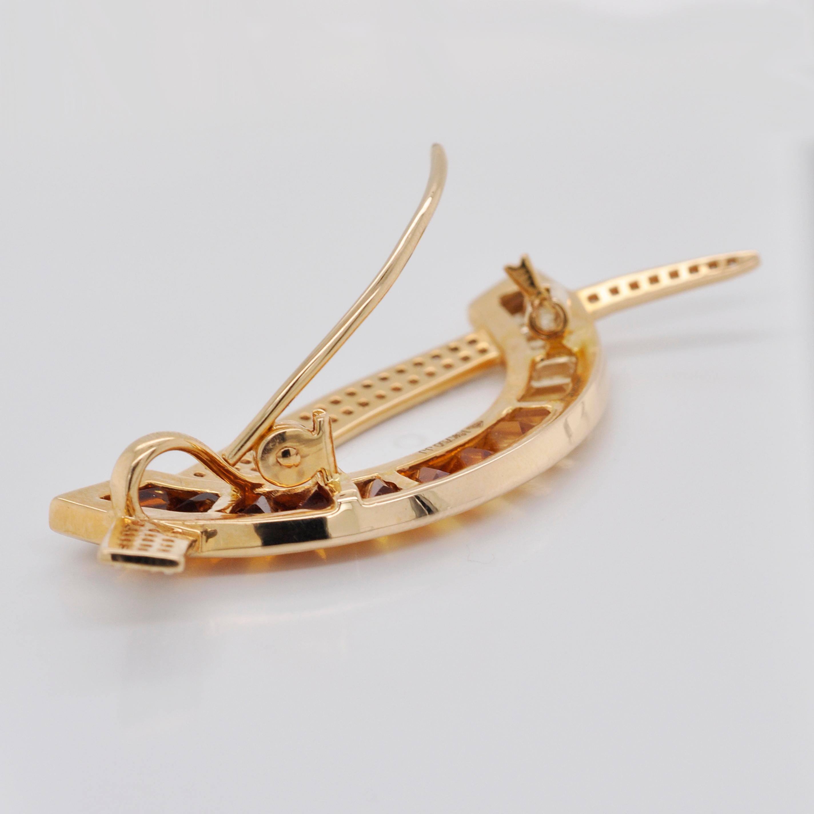 Women's or Men's 18 Karat Gold Custom Cut Citrine Taper Baguette Diamond Brooch Pendant Necklace