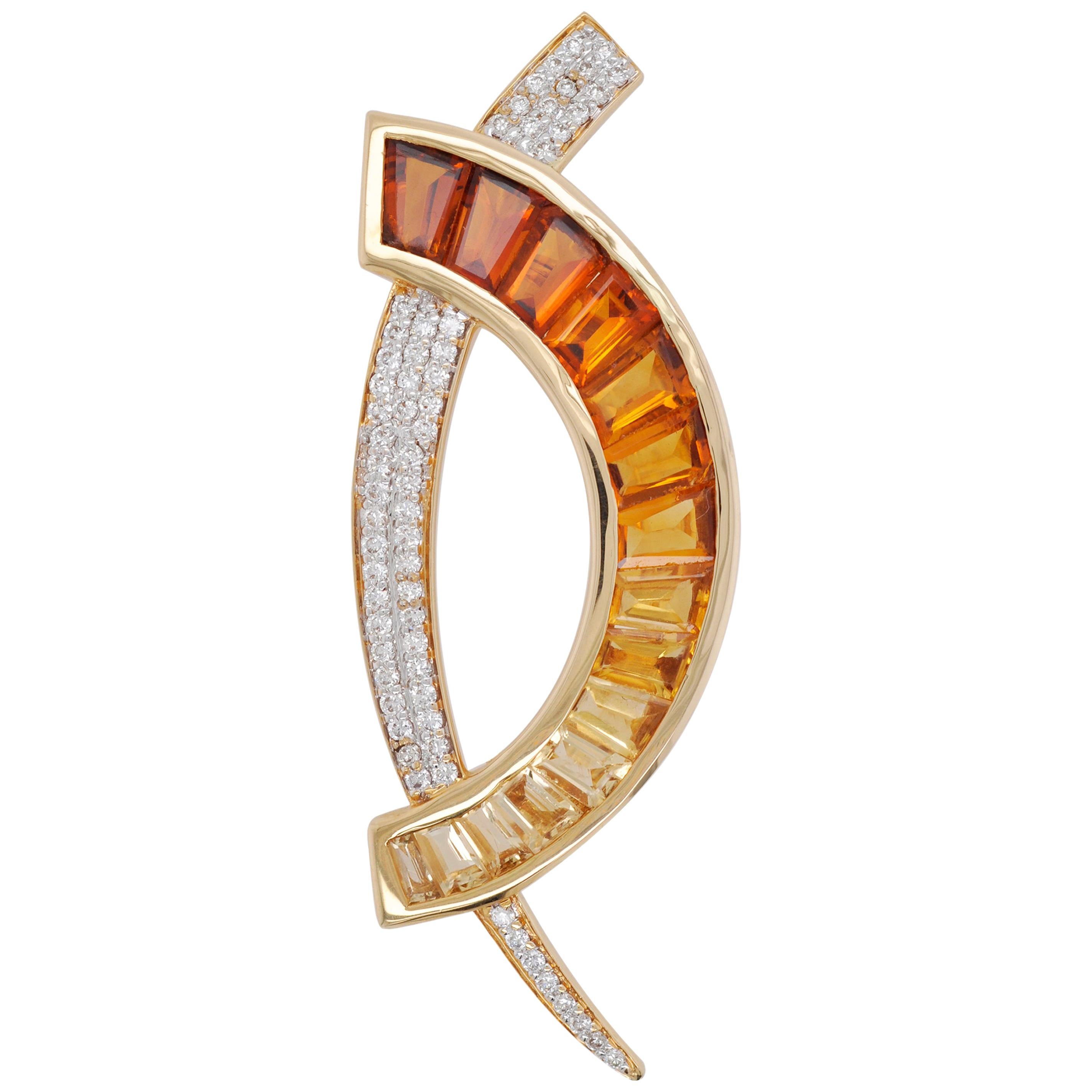 18 Karat Gold Custom Cut Citrine Taper Baguette Diamond Brooch Pendant Necklace