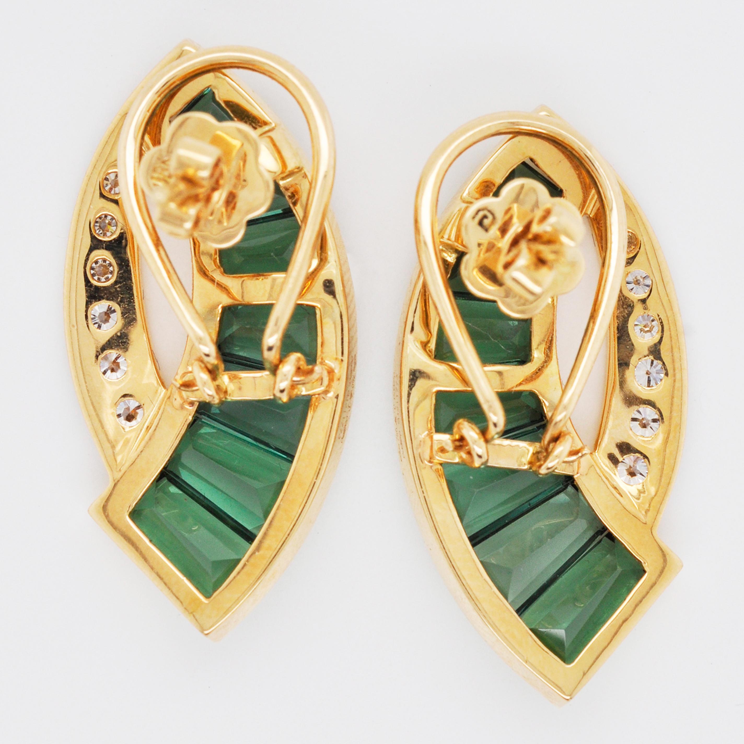 Women's 18K Gold Caliber Cut Teal Green Tourmaline Taper Baguette Diamond Stud Earrings For Sale