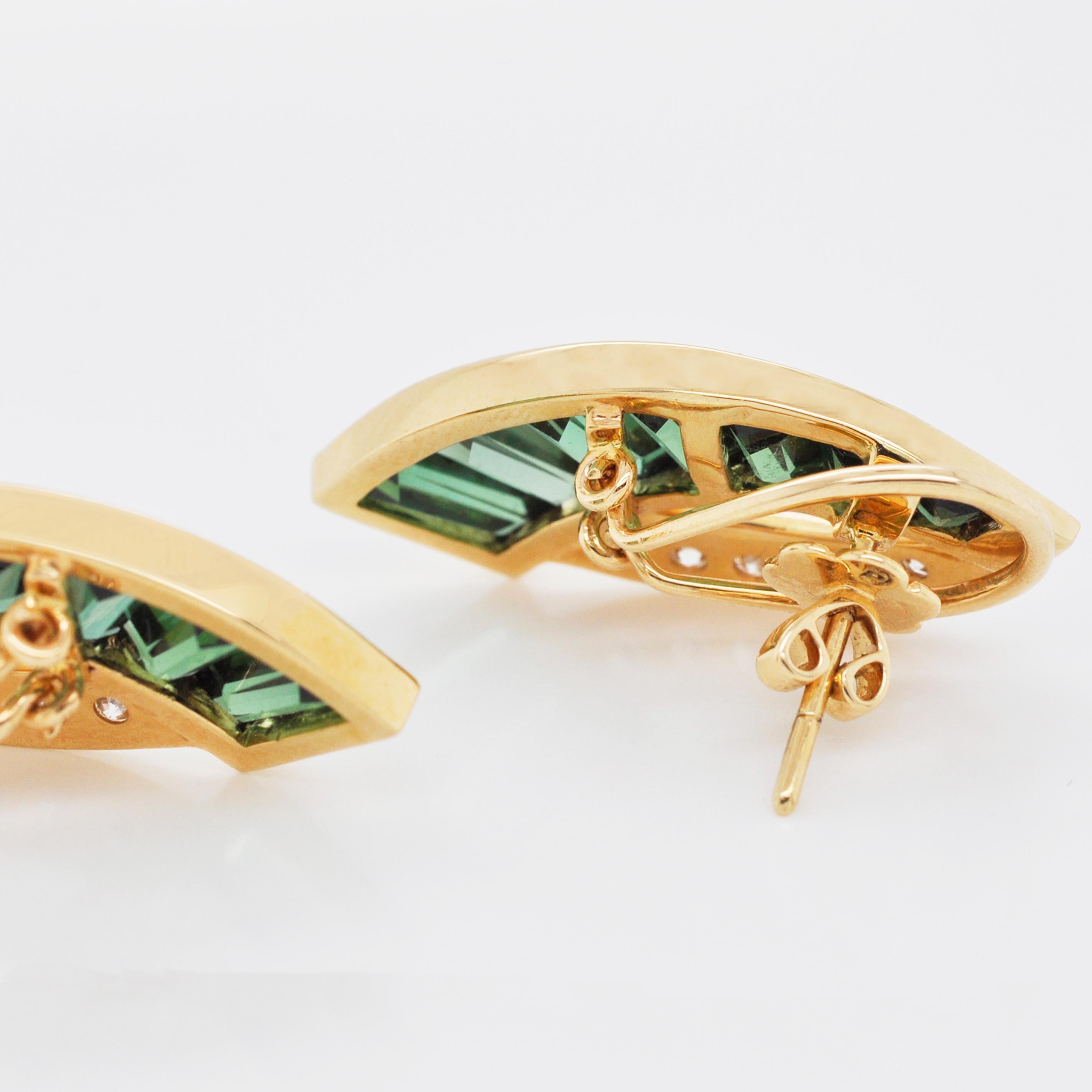 18 Karat Gold Caliber Cut Teal Green Tourmaline Baguette Diamond Stud Earrings For Sale 5