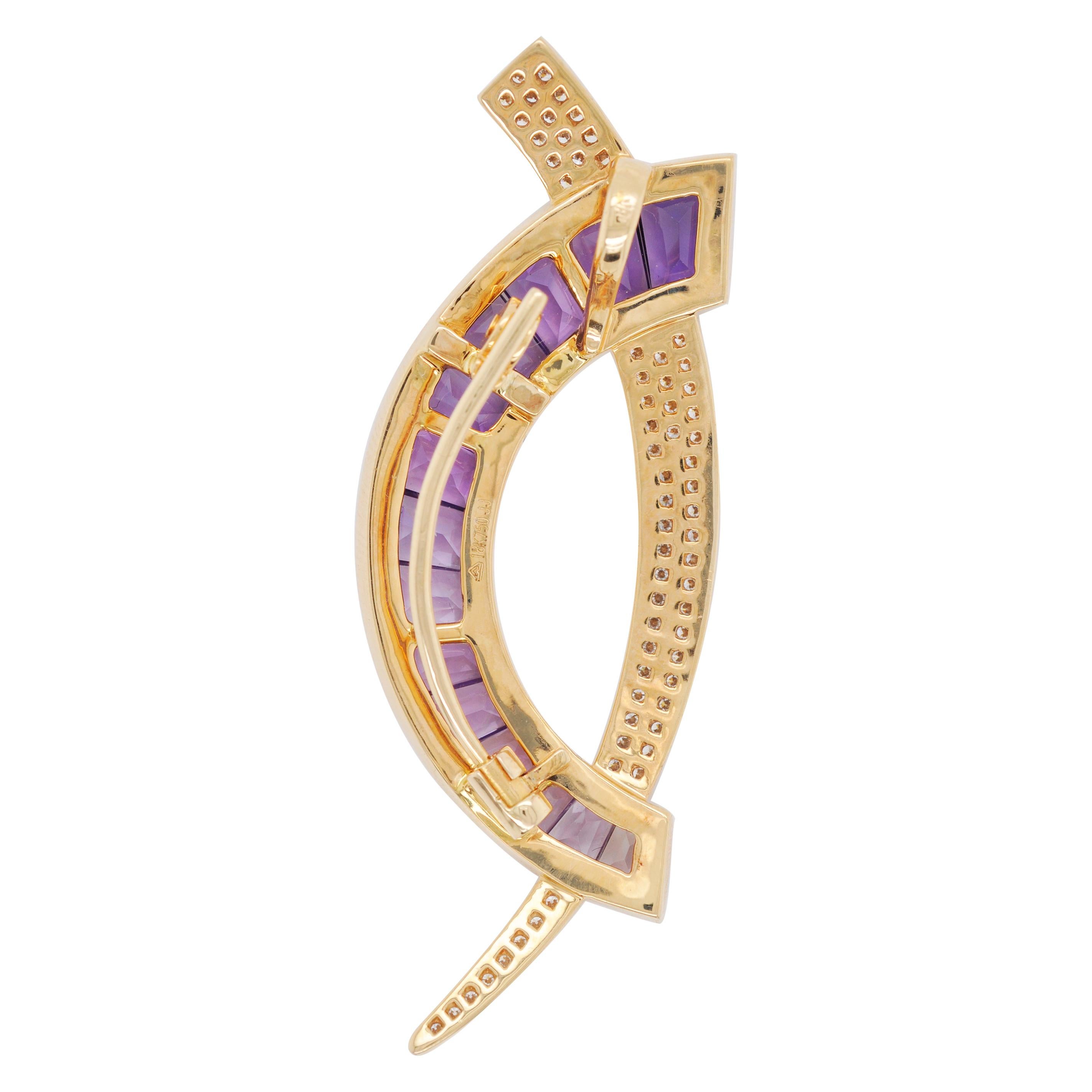 18 Karat Gold Calibre Cut Amethyst Baguette Diamond Contemporary Brooch Necklace For Sale 6