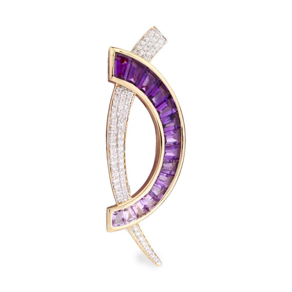 18 Karat Gold Calibre Cut Amethyst Baguette Diamond Contemporary Brooch Necklace For Sale 7