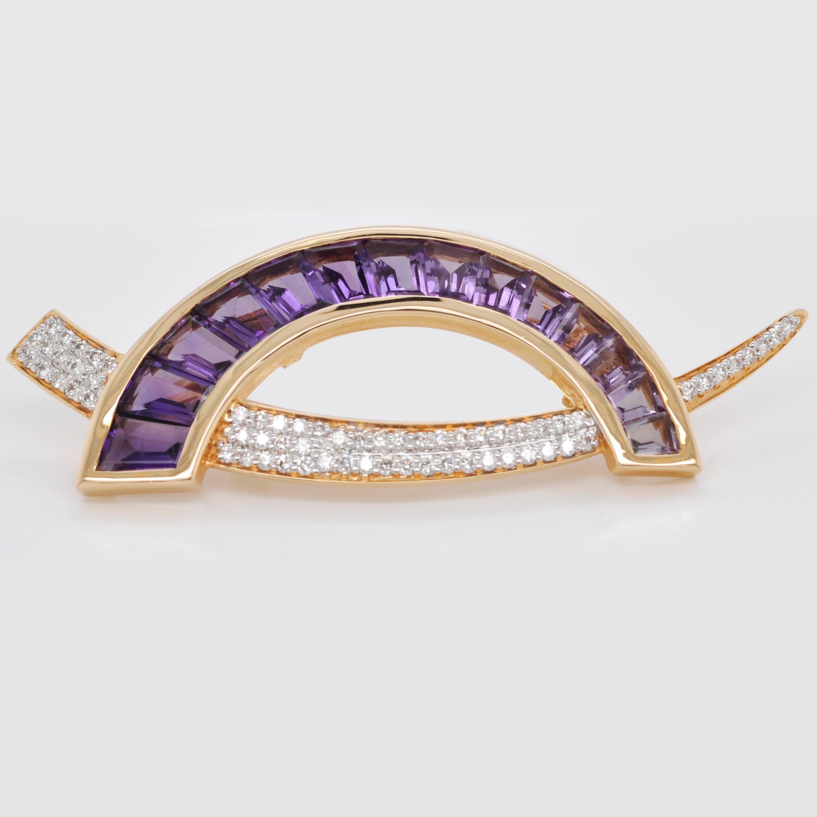 18 Karat Gold Calibre Cut Amethyst Baguette Diamond Contemporary Brooch Necklace For Sale 1