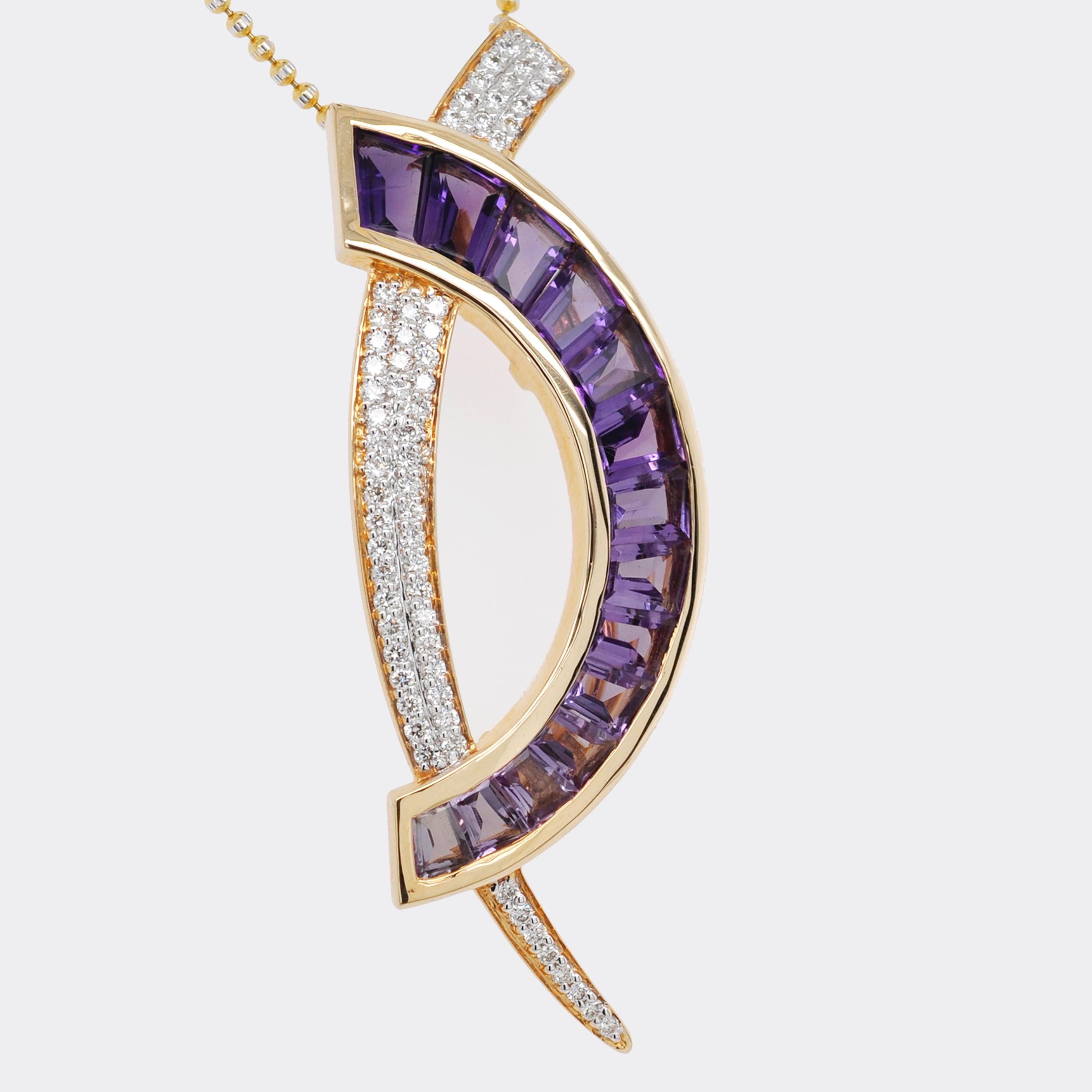 18 Karat Gold Calibre Cut Amethyst Baguette Diamond Contemporary Brooch Necklace For Sale 2