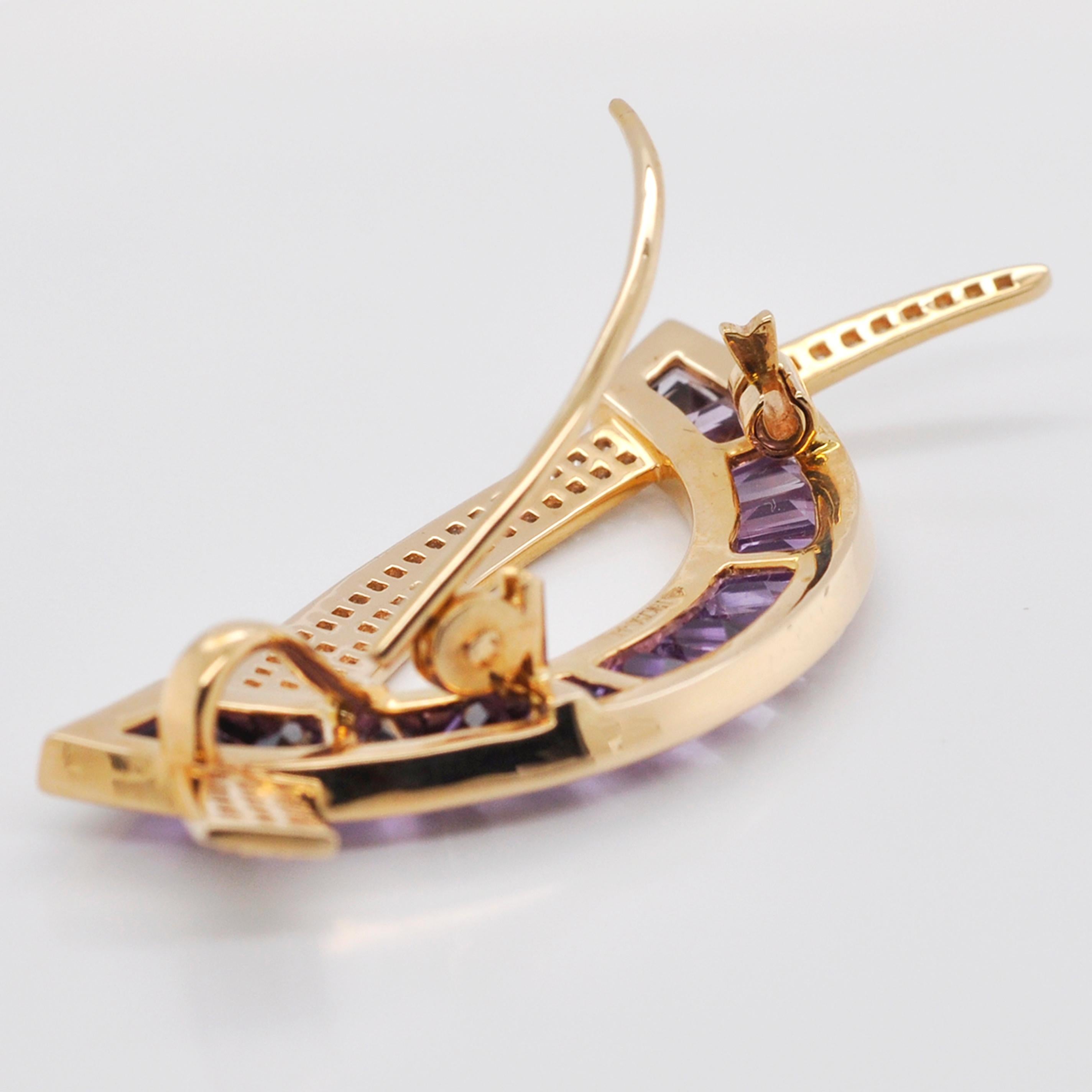 18 Karat Gold Calibre Cut Amethyst Baguette Diamond Contemporary Brooch Necklace For Sale 3