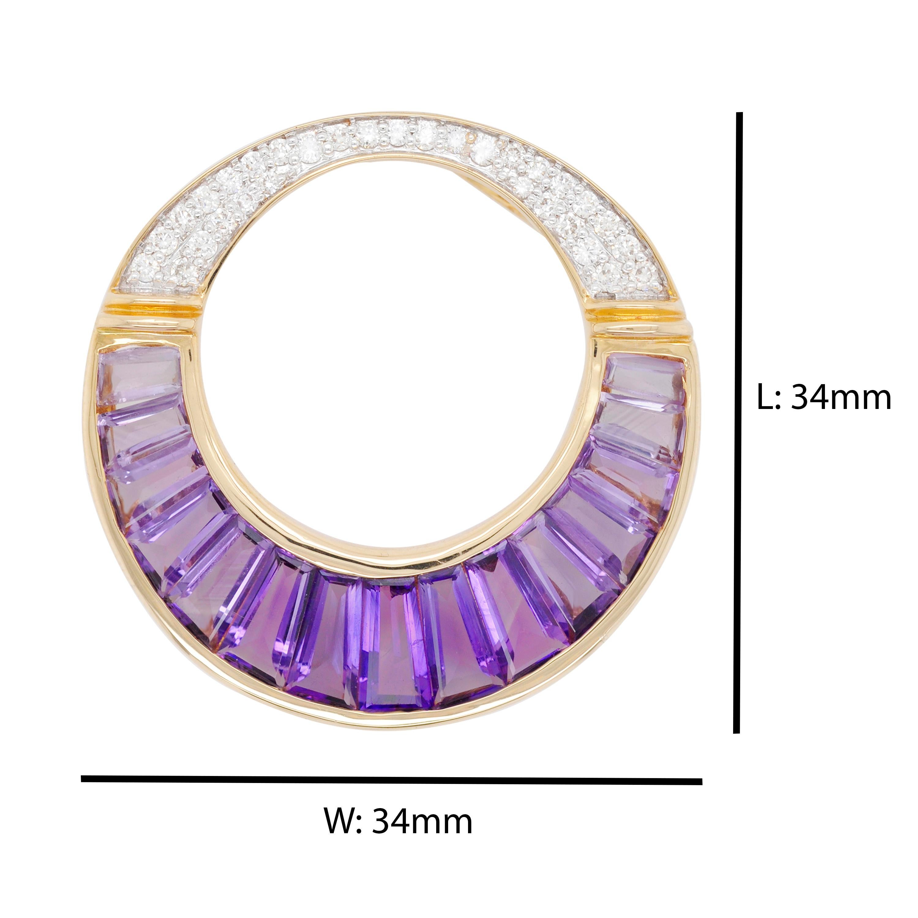 Contemporary 18 Karat Gold Calibre Cut Amethyst Baguette Diamond Pendant Necklace Brooch For Sale