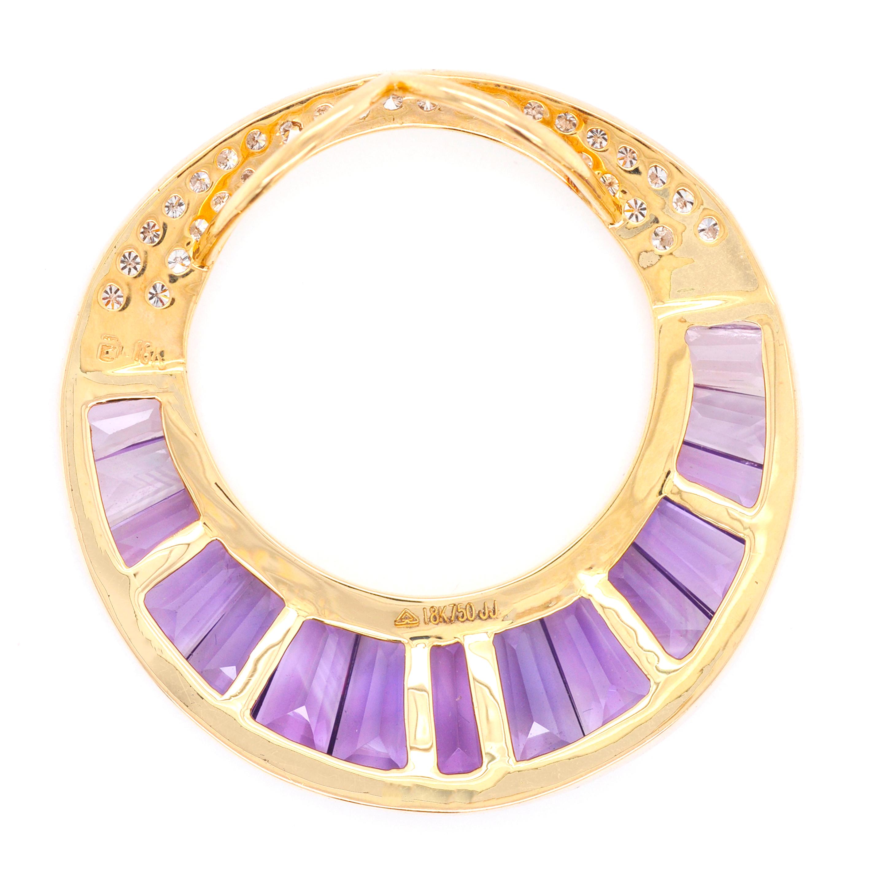 18 Karat Gold Calibre Cut Amethyst Baguette Diamond Pendant Necklace Brooch For Sale 1