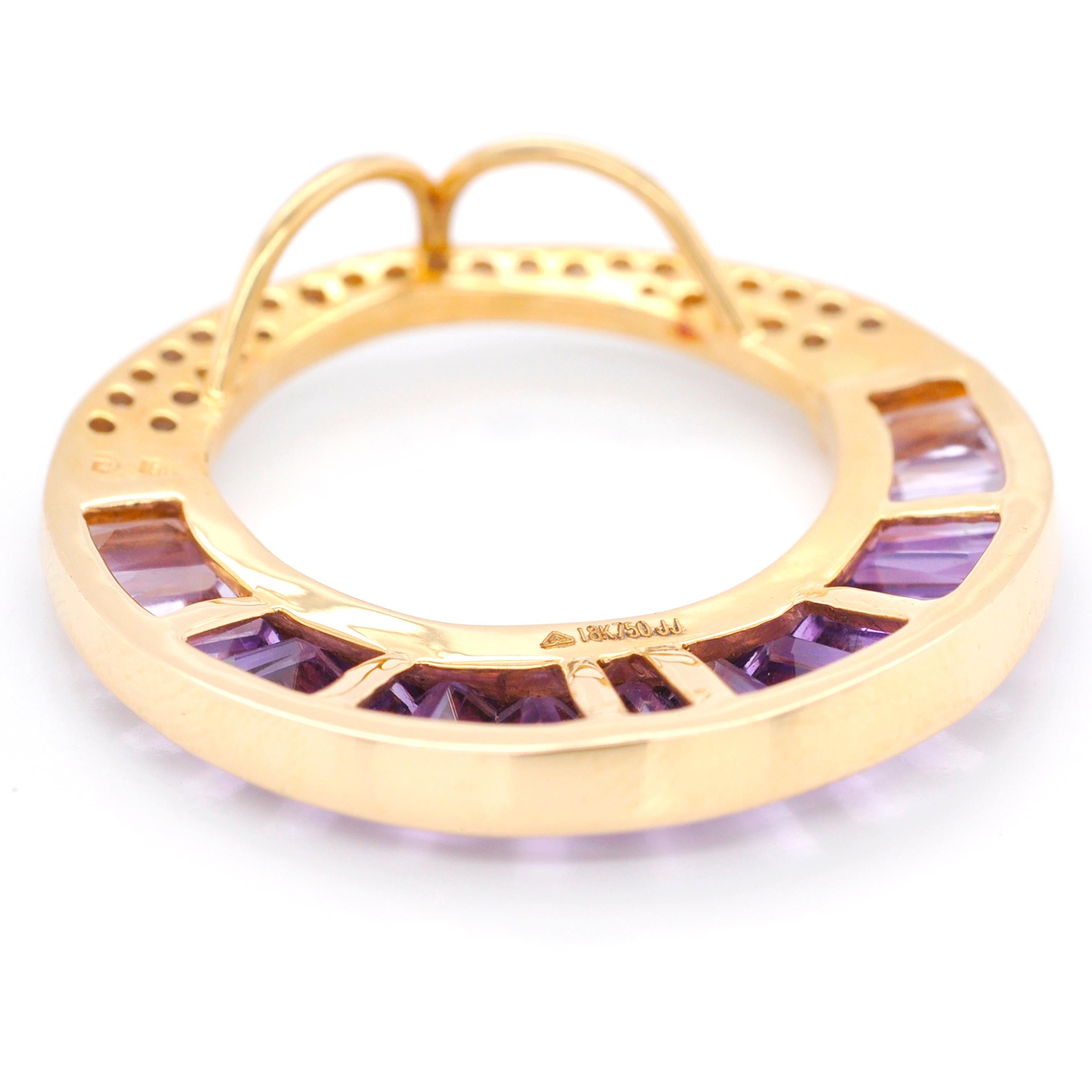 Collier pendentif broche en or 18 carats avec améthyste taille calibre et diamants baguettes en vente 3