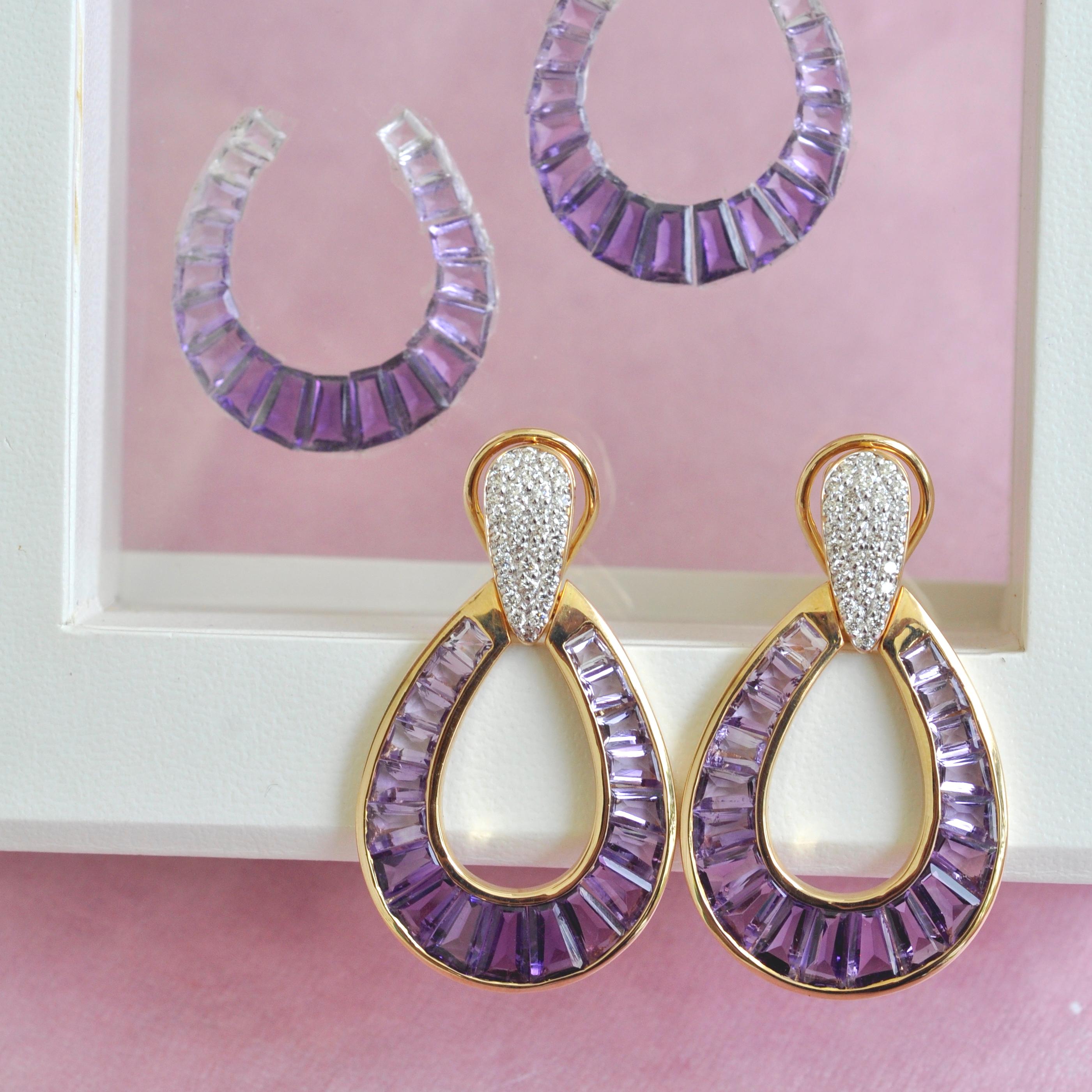 18 Karat Gold Calibre Cut Amethyst Taper Baguette Diamond Dangling Drop Earrings For Sale 4
