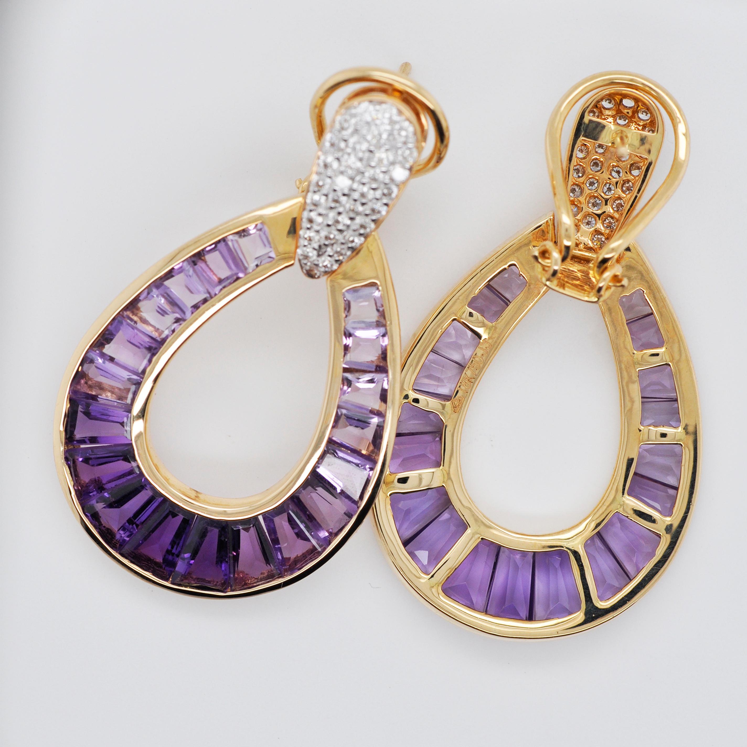 Women's 18 Karat Gold Calibre Cut Amethyst Taper Baguette Diamond Dangling Drop Earrings For Sale