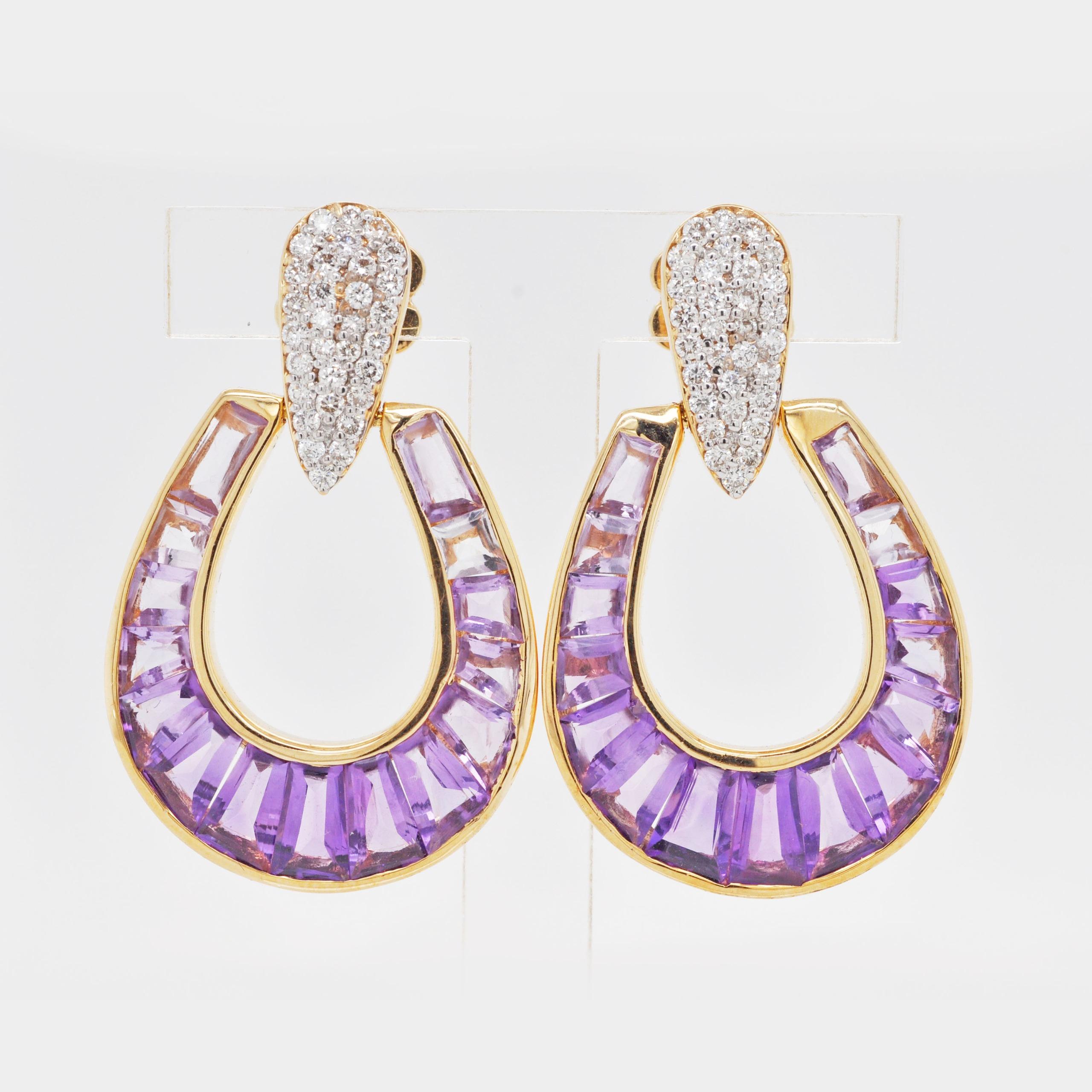 Contemporary 18 Karat Gold Calibre Cut Amethyst Taper Baguette Diamond Dangling Drop Earrings
