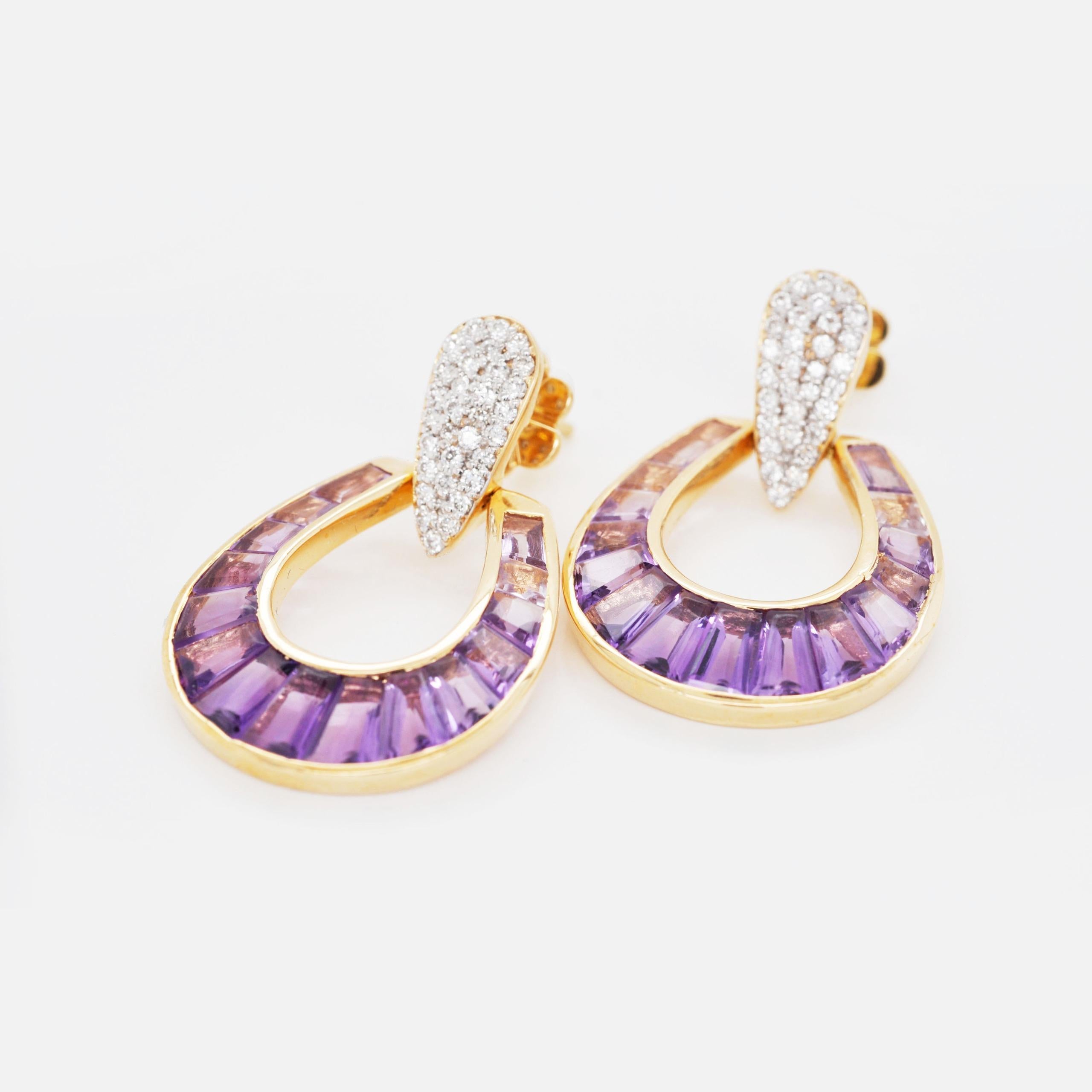 Tapered Baguette 18 Karat Gold Calibre Cut Amethyst Taper Baguette Diamond Dangling Drop Earrings