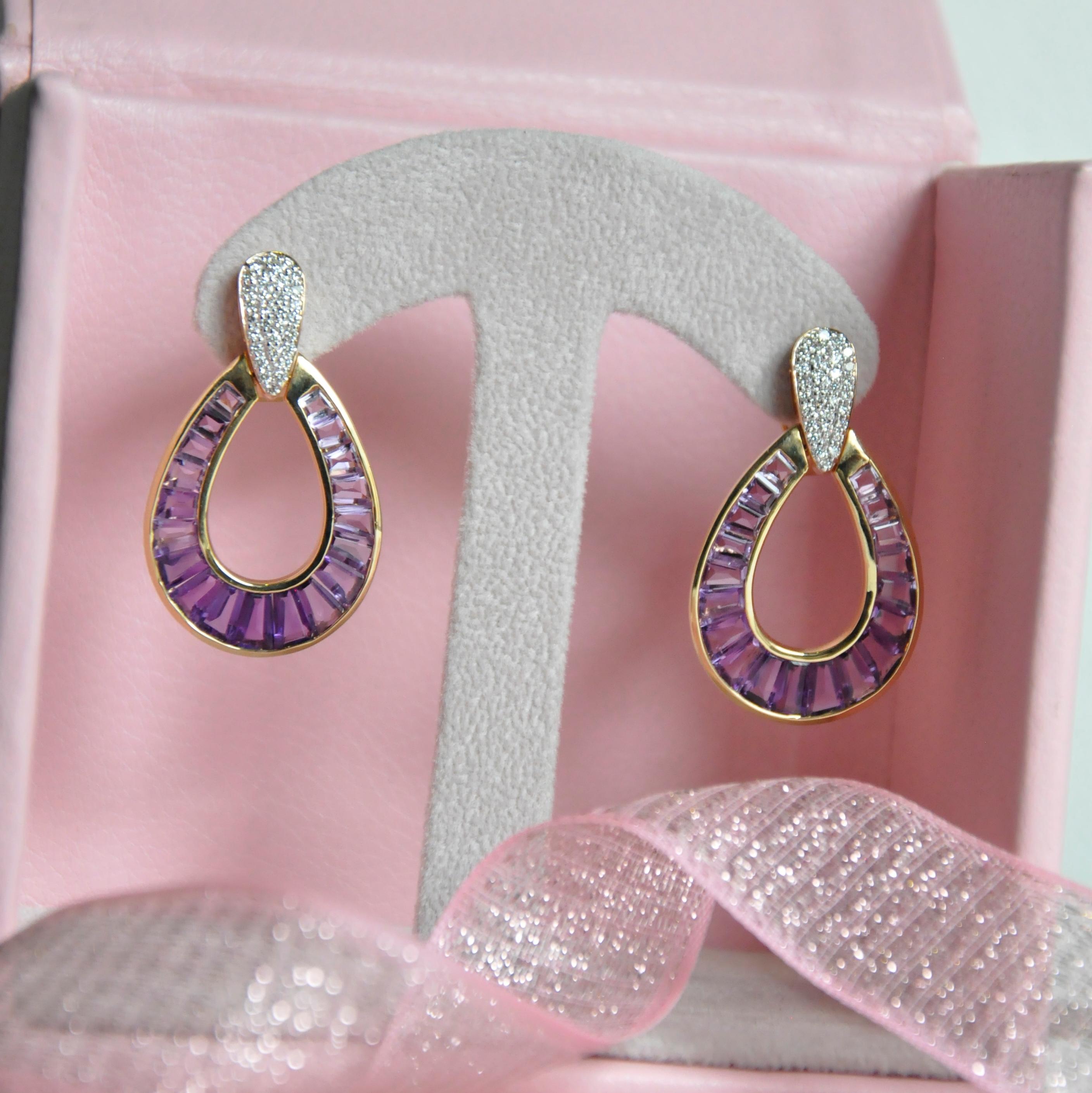 18 Karat Gold Calibre Cut Amethyst Taper Baguette Diamond Dangling Drop Earrings For Sale 2