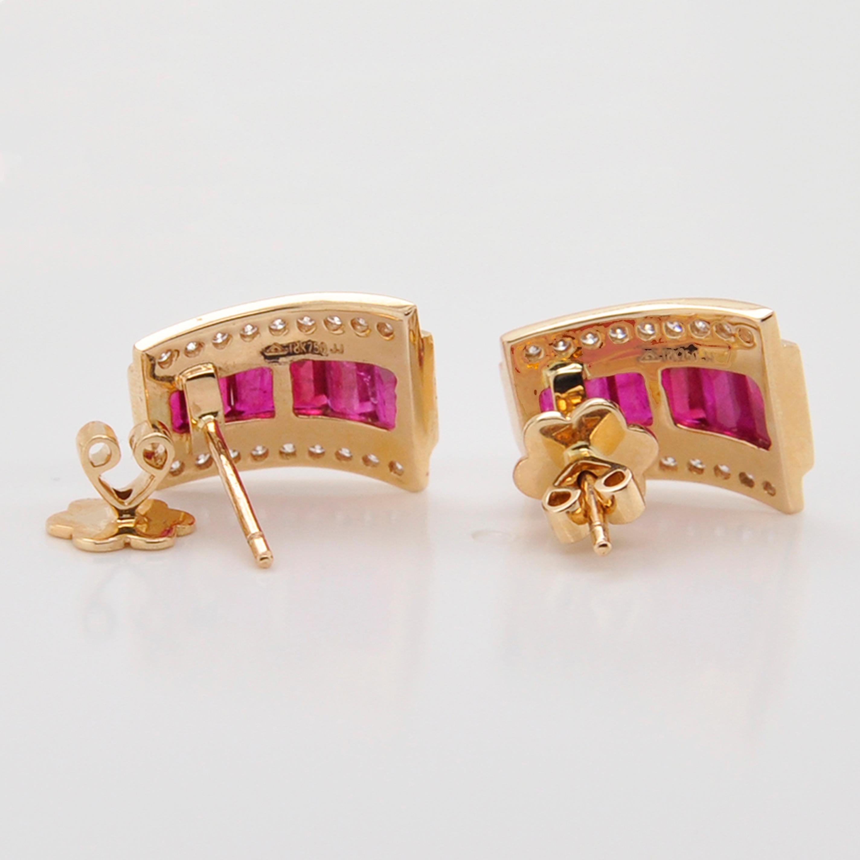 Baguette Cut 18 Karat Gold Art Deco Style Channel Set Ruby Baguette Diamond Stud Earrings For Sale