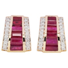 18 Karat Gold Art Deco Style Channel Set Ruby Baguette Diamond Stud Earrings