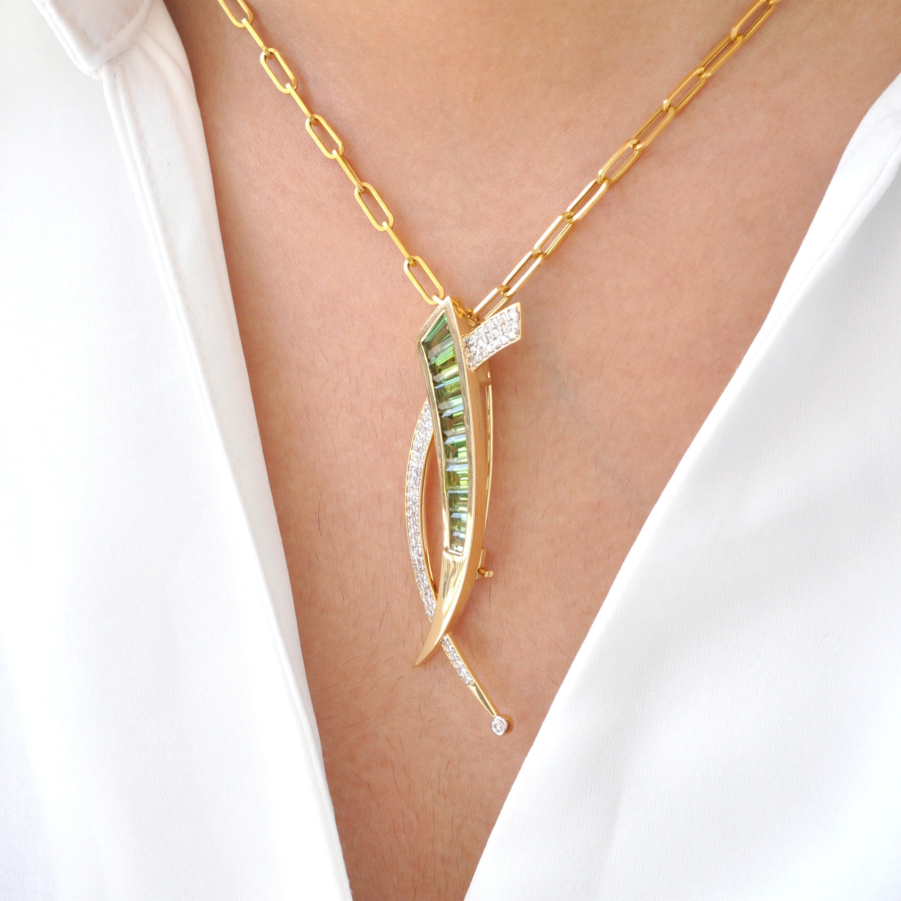 18 Karat Gold Calibre Cut Baguette Deep Green Tourmaline Diamond Brooch Necklace For Sale 5