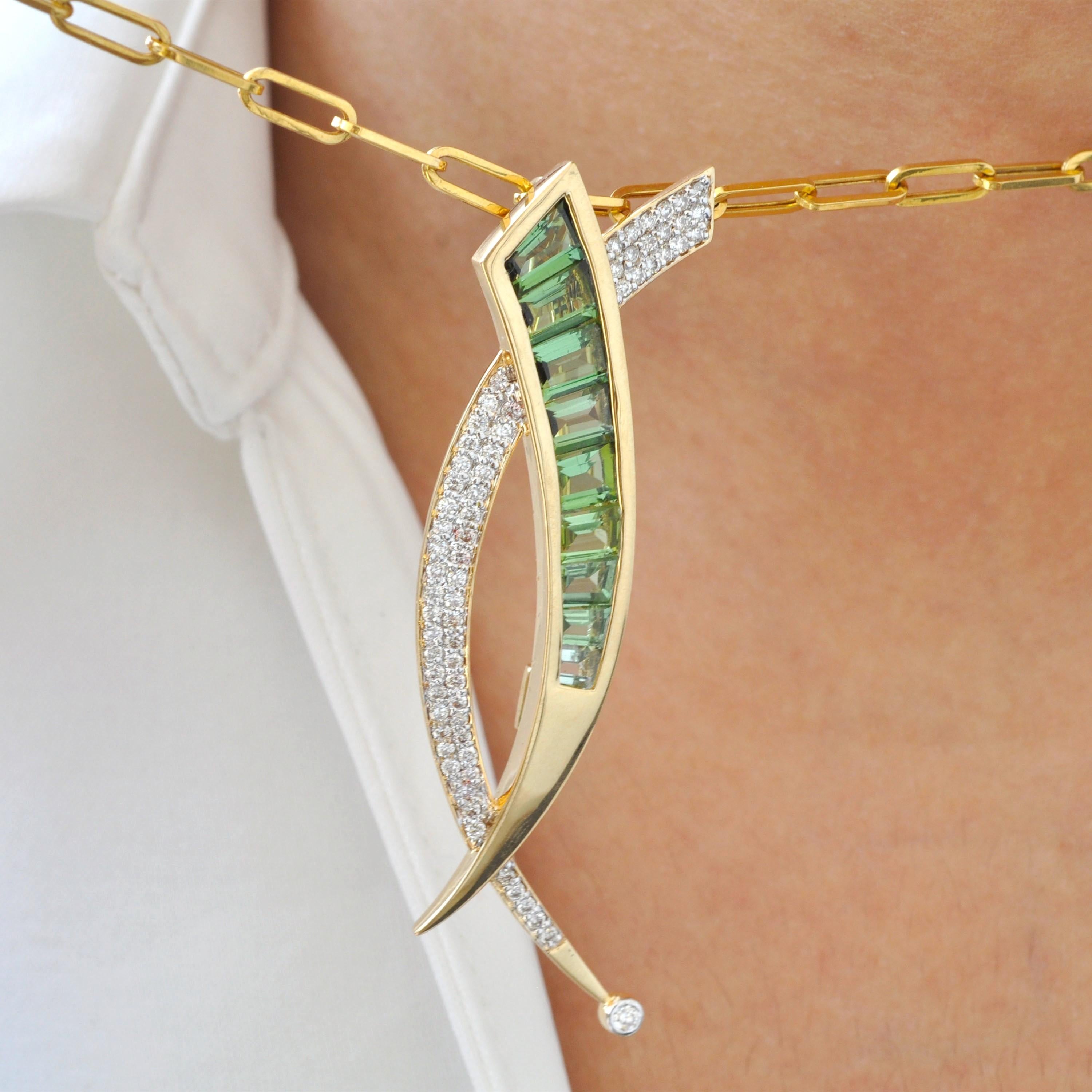 Baguette Cut 18 Karat Gold Calibre Cut Baguette Deep Green Tourmaline Diamond Brooch Necklace For Sale