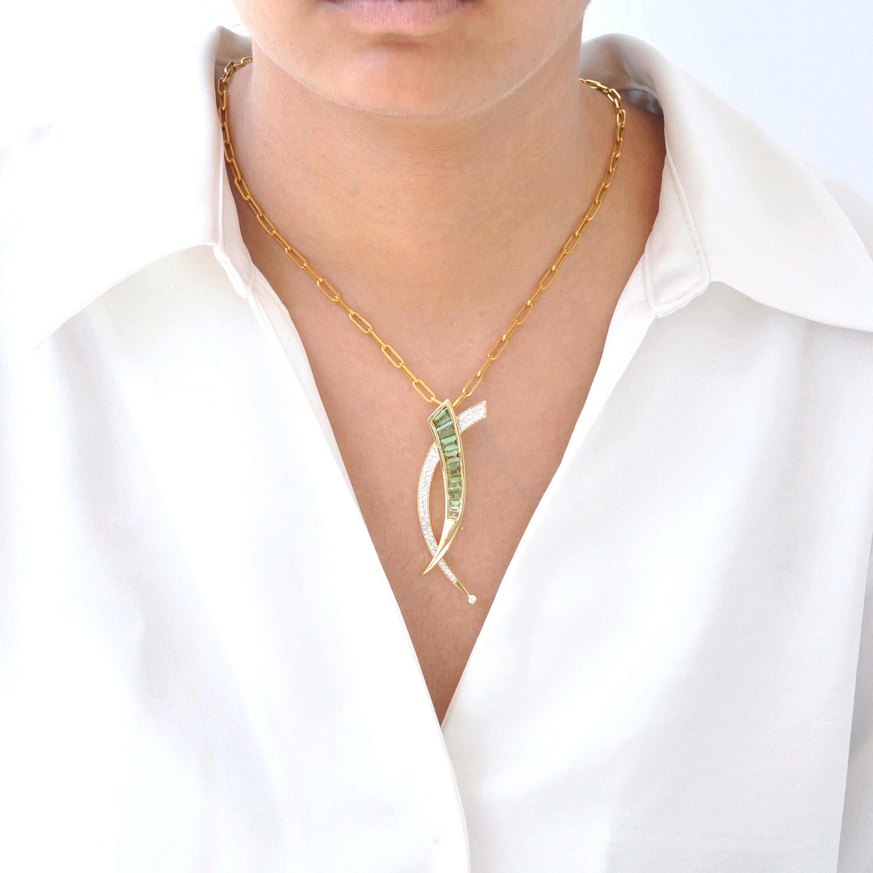 18 Karat Gold Calibre Cut Baguette Deep Green Tourmaline Diamond Brooch Necklace For Sale 7