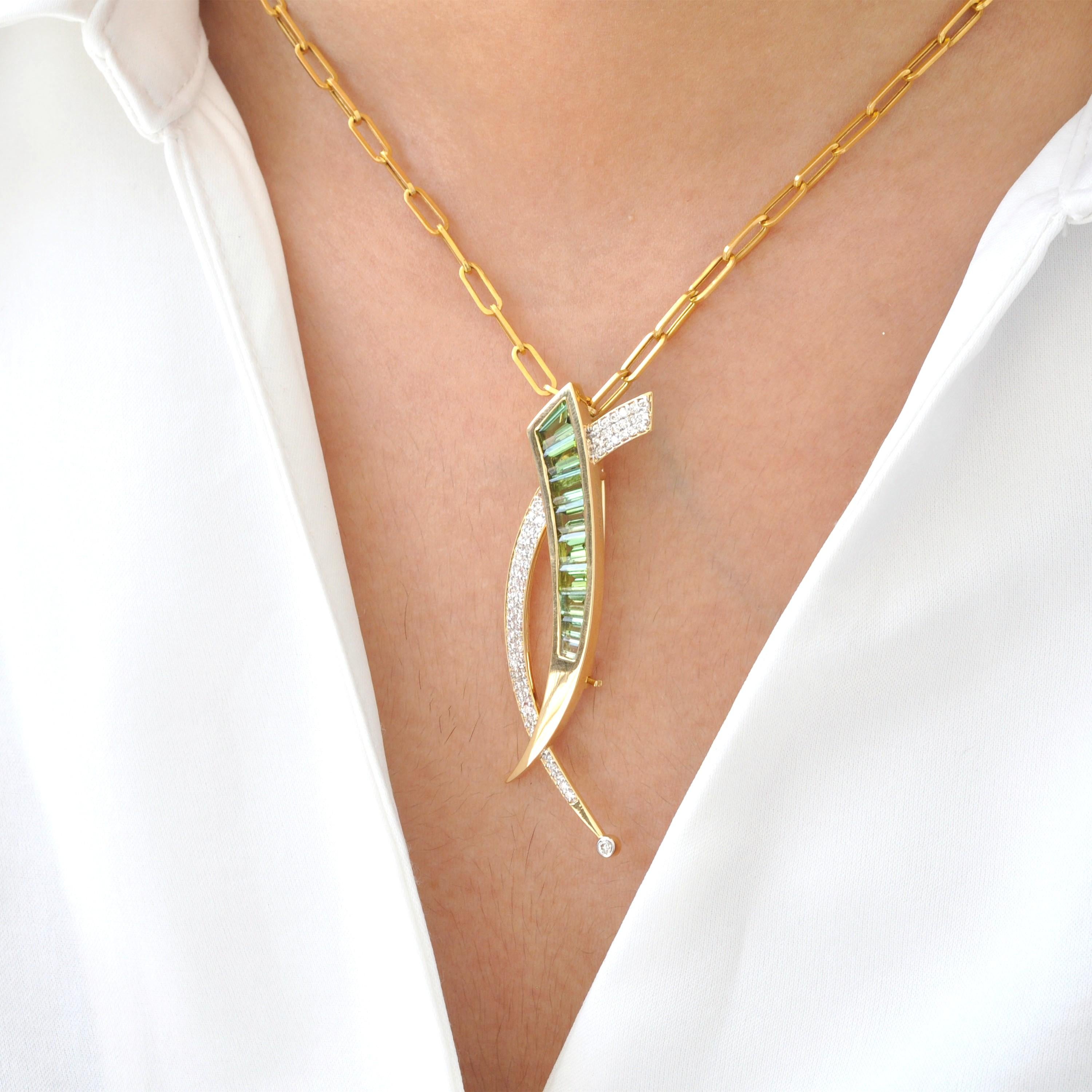 18 Karat Gold Calibre Cut Baguette Deep Green Tourmaline Diamond Brooch Necklace For Sale 8