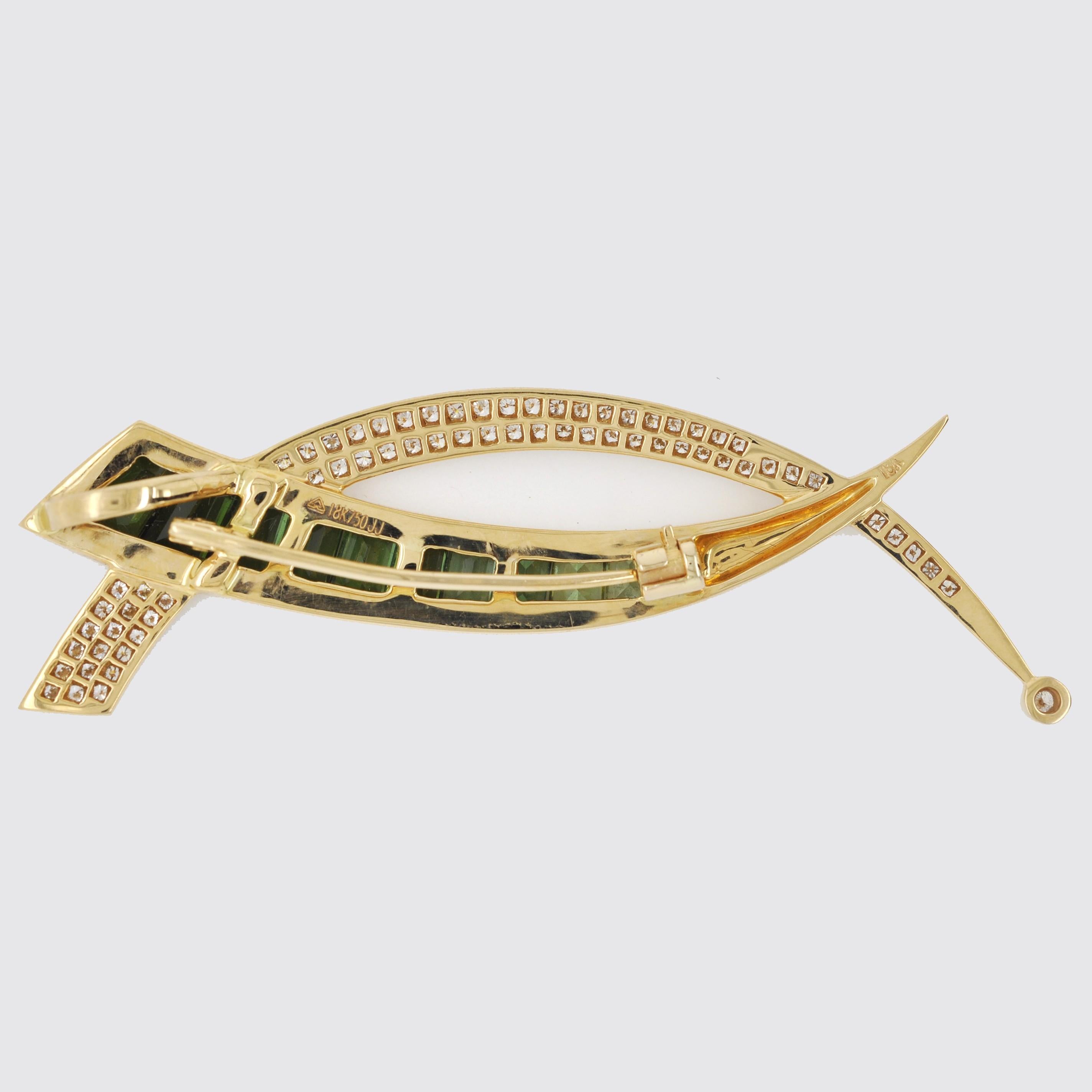 18 Karat Gold Calibre Cut Baguette Deep Green Tourmaline Diamond Brooch Necklace For Sale 1