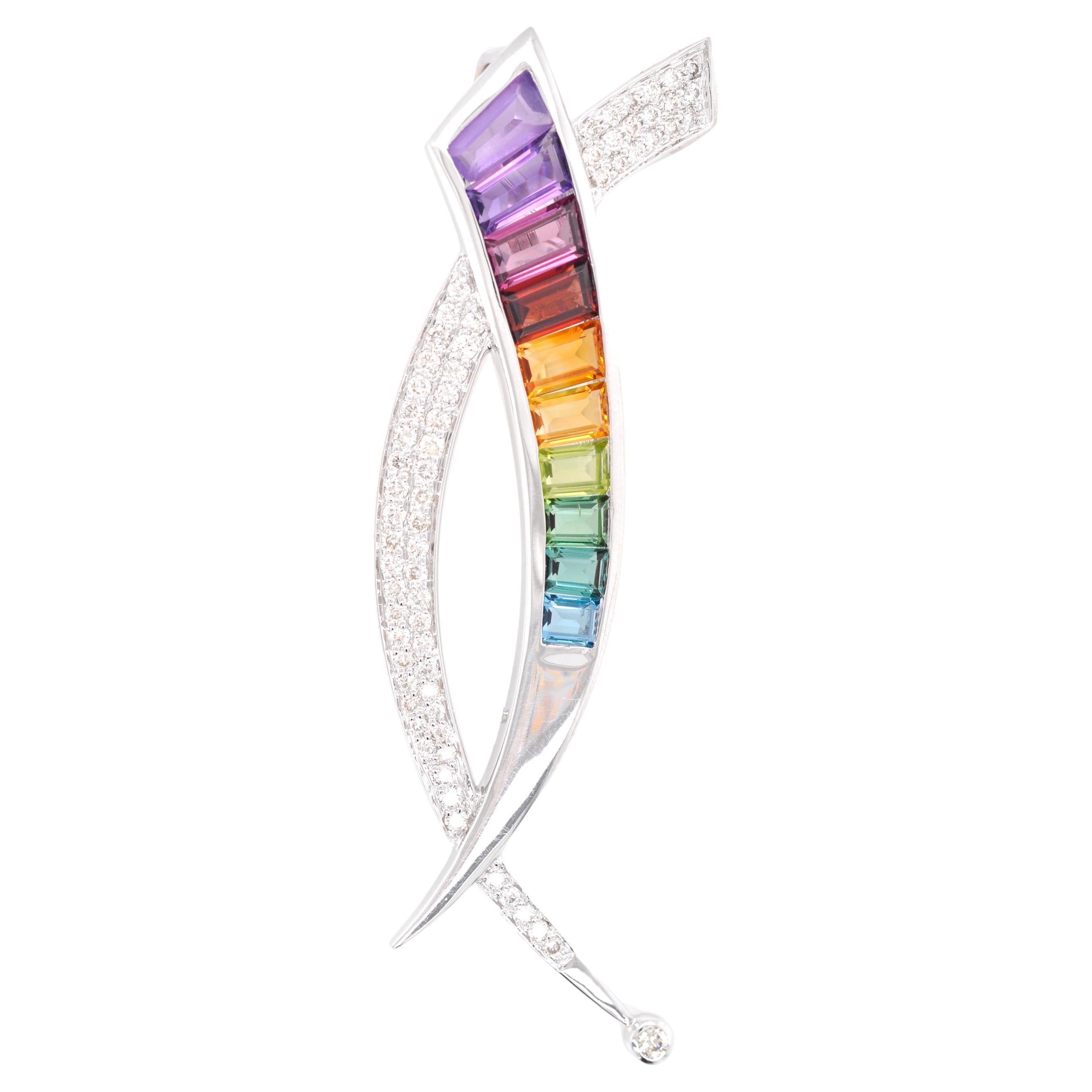 18 Karat Gold Calibre Cut Baguette Multicolour Rainbow Diamond Brooch Pendant