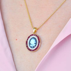 Calibre Cut Burma Ruby Diamond Rose Agate Cameo Yellow Gold Pendant Necklace