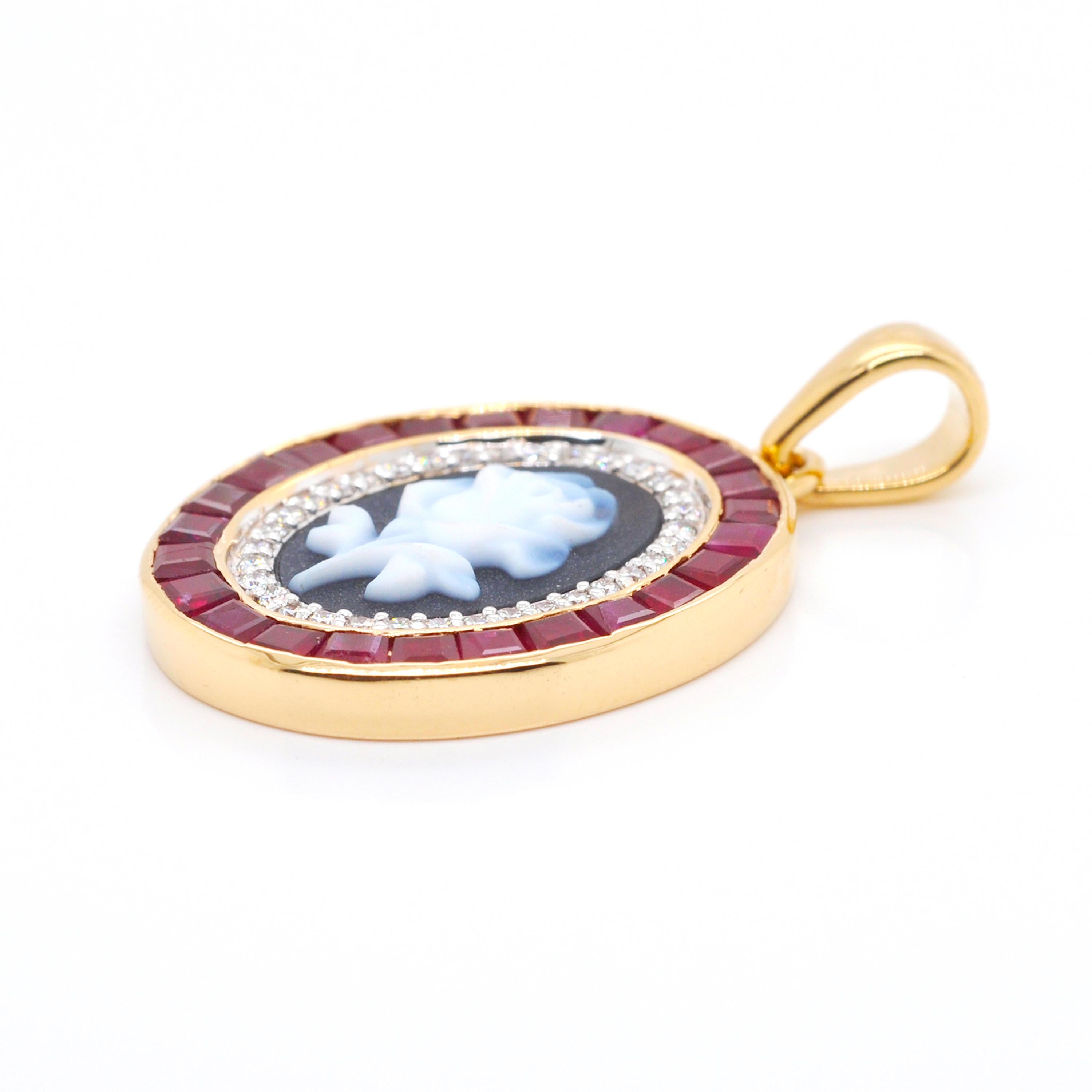 Tapered Baguette 18 Karat Gold Calibre Cut Burma Ruby Diamond Rose Agate Cameo Pendant Necklace
