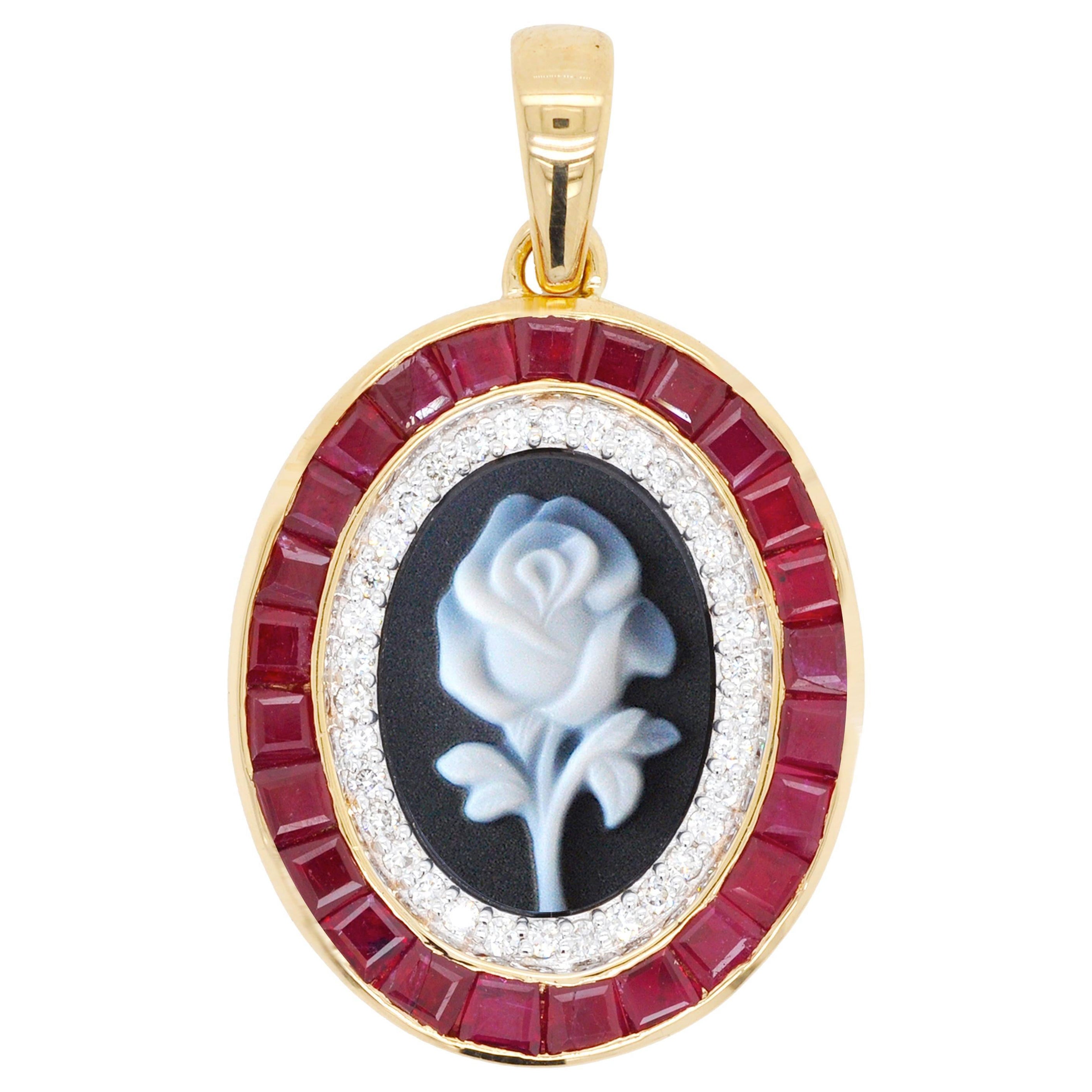 18 Karat Gold Kaliberschliff Burma-Rubin-Diamant-Rosa-Achat-Kamee-Anhänger-Halskette