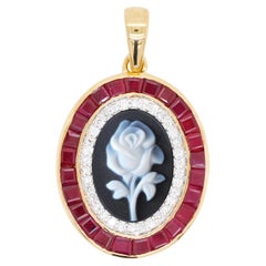 18 Karat Gold Calibre Cut Burma Ruby Diamond Rose Agate Cameo Pendant Necklace