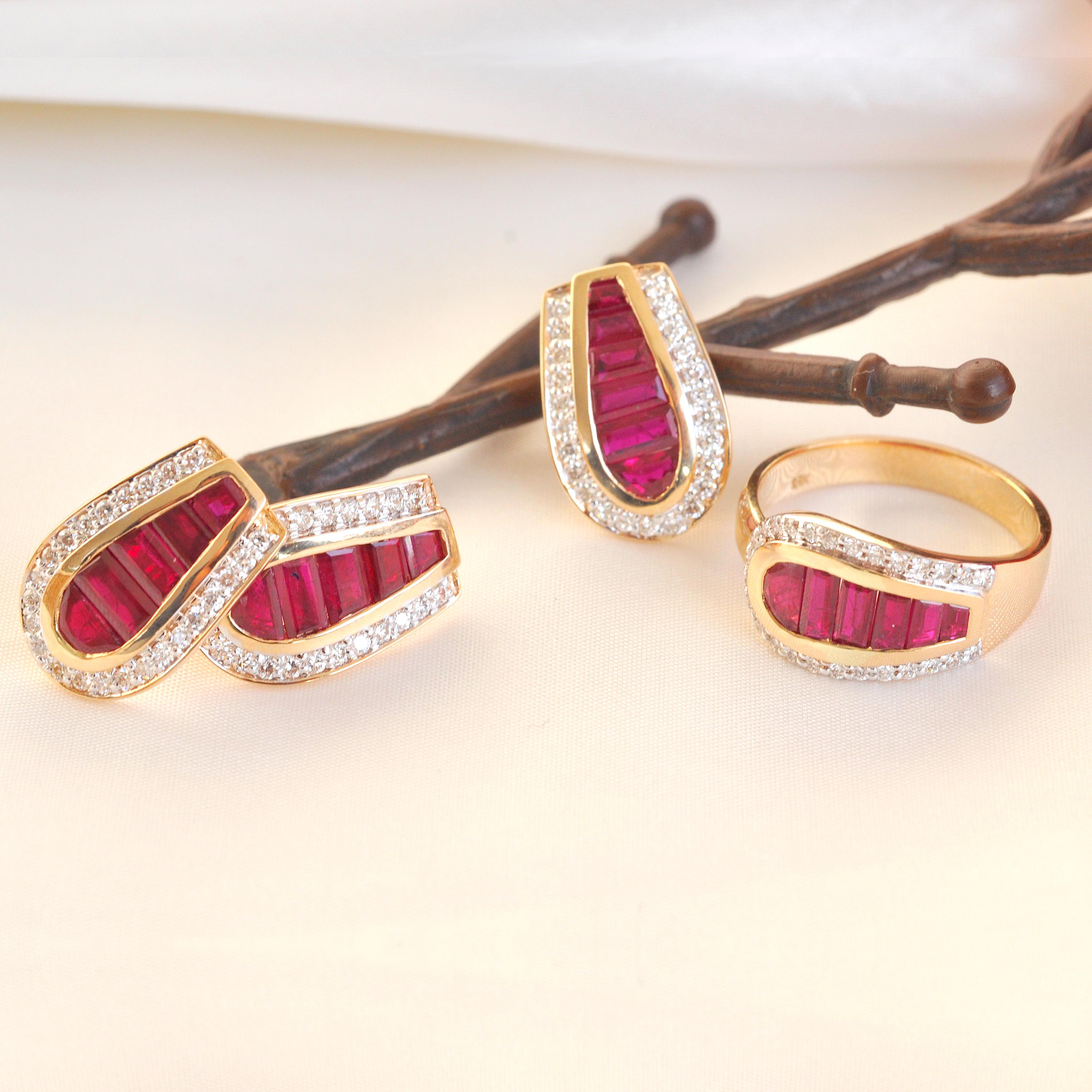 18 Karat Gold Calibre Cut Channel Set Burma Ruby Baguettes Diamond Stud Earrings 4