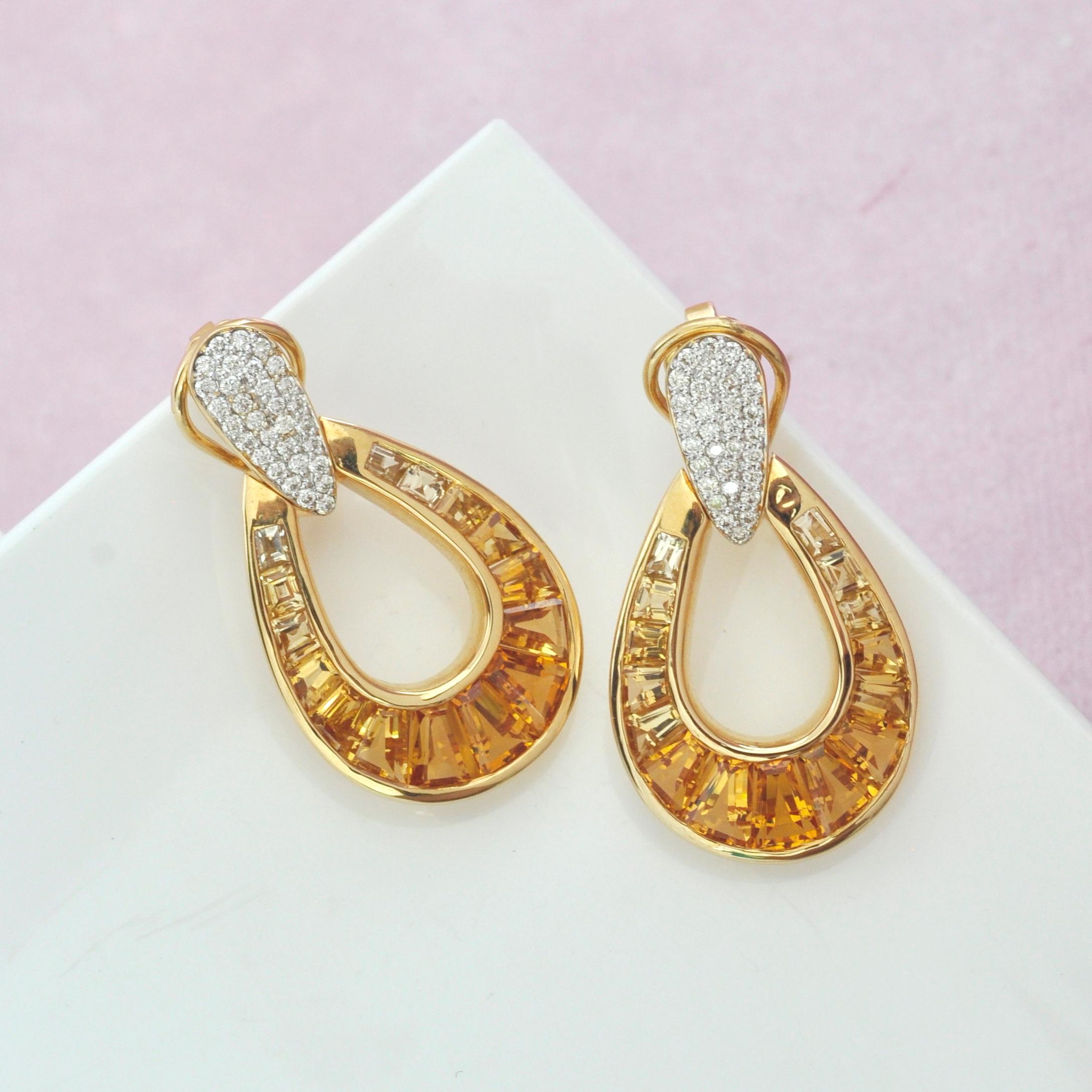 18 Karat Gold Calibre Cut Citrine Baguette Diamond Dangle Doorknocker Earrings For Sale 6