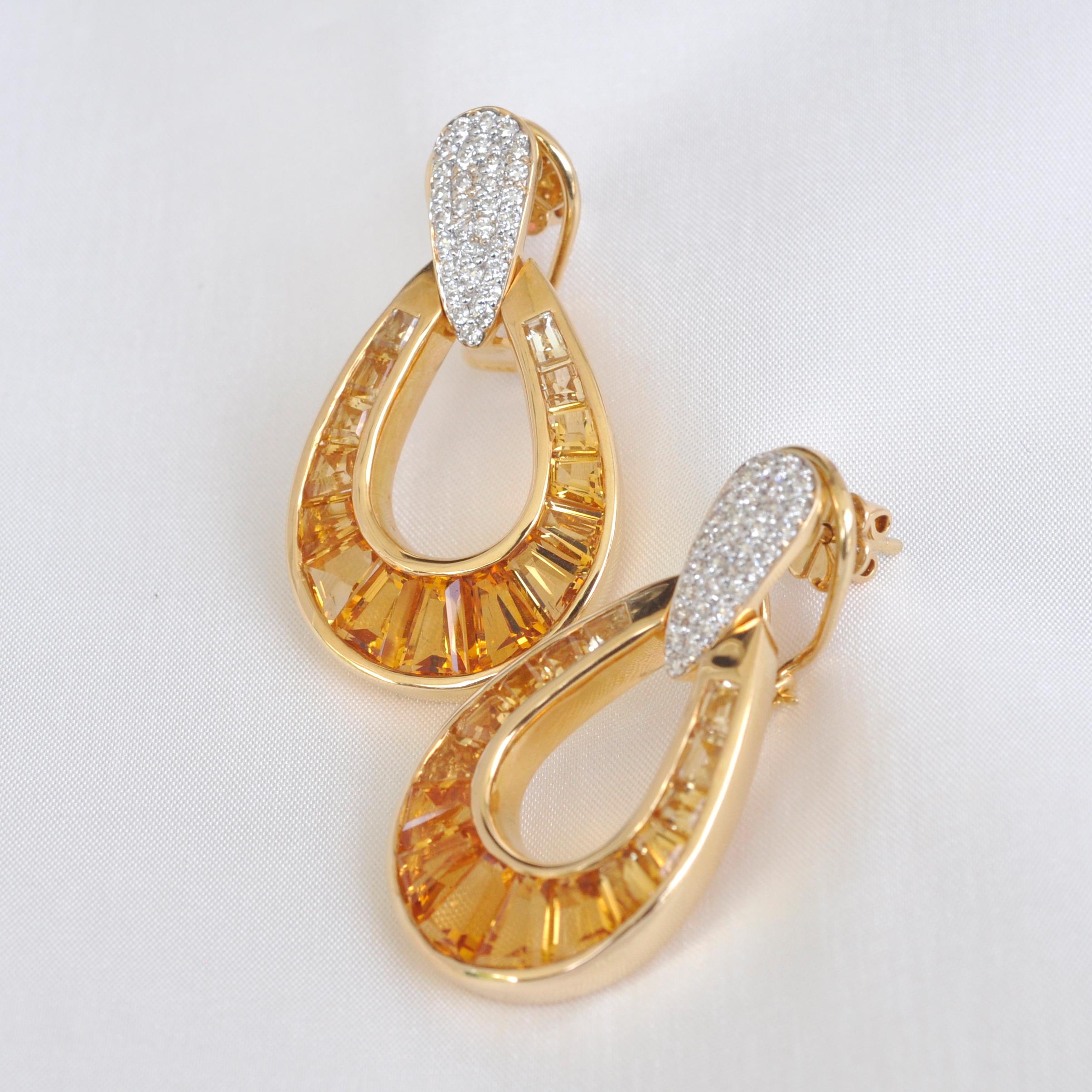 18 Karat Gold Calibre Cut Citrine Baguette Diamond Dangle Doorknocker Earrings For Sale 8