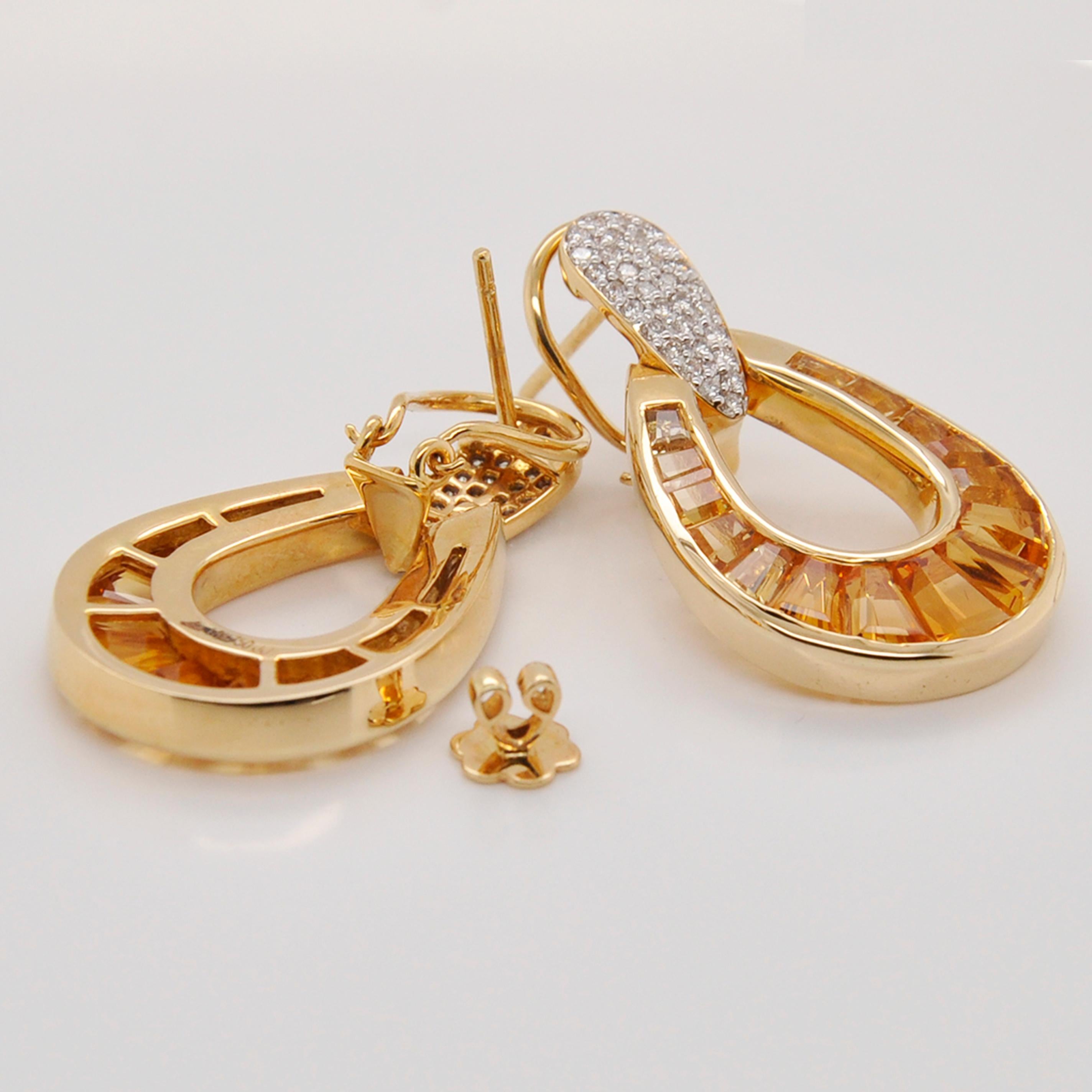 18 Karat Gold Calibre Cut Citrine Baguette Diamond Dangle Doorknocker Earrings For Sale 1